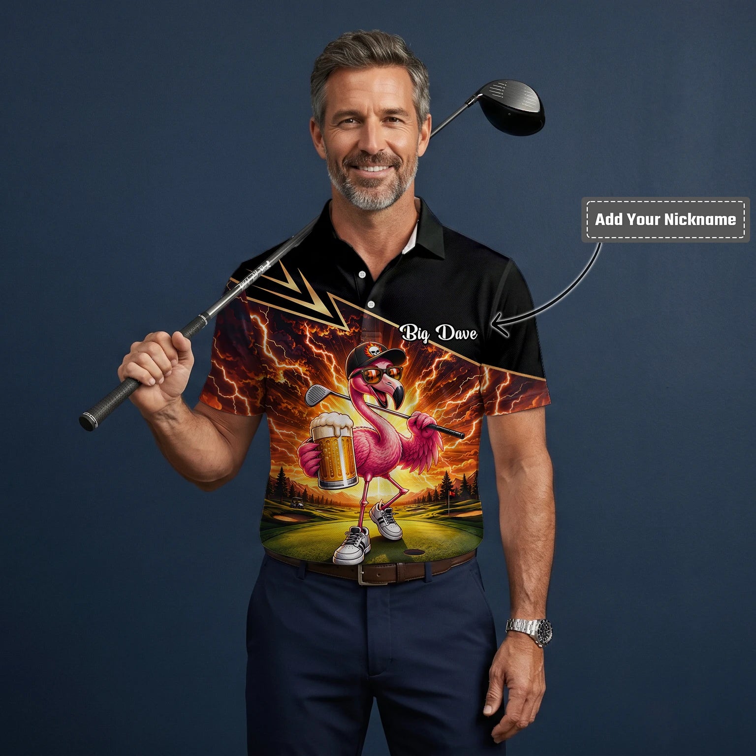 Personalised Black Orange Flamingo Beer Golfer Lightning Golf Polo Shirt For Men E3673