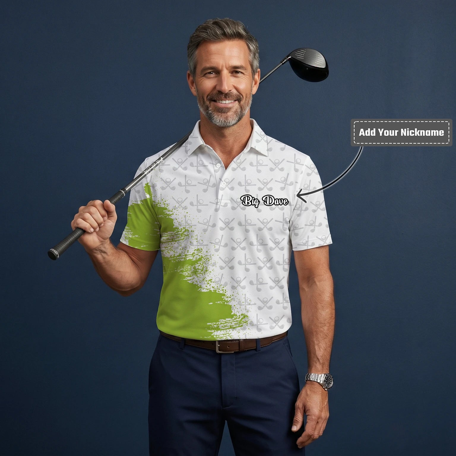 Personalised White Lime Golf Club Pattern Paint Splash Golf Polo Shirt For Men H4508