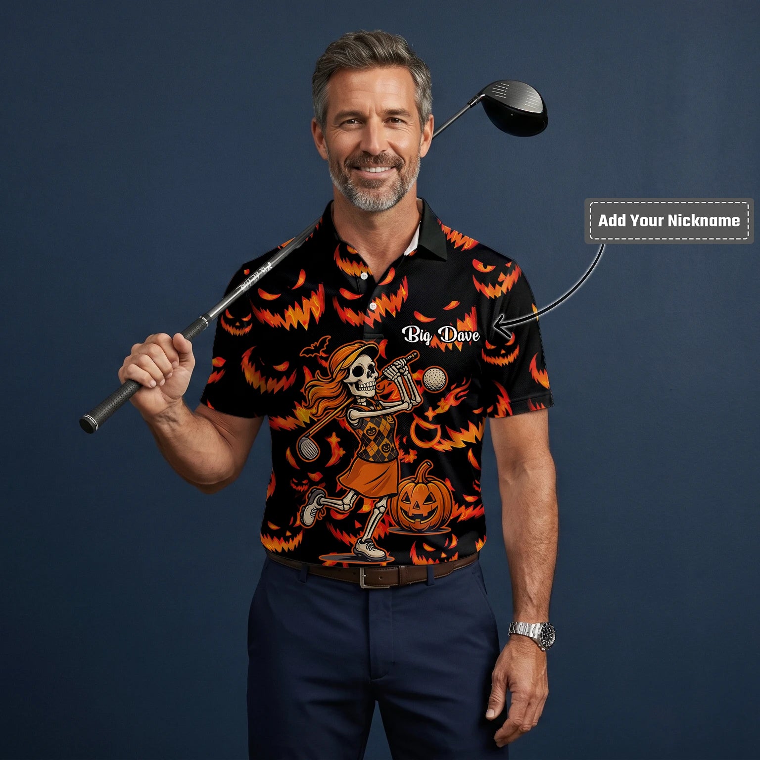 Personalised Black Orange Halloween Skeleton Golfer Pumpkin Golf Polo Shirt For Men N7108