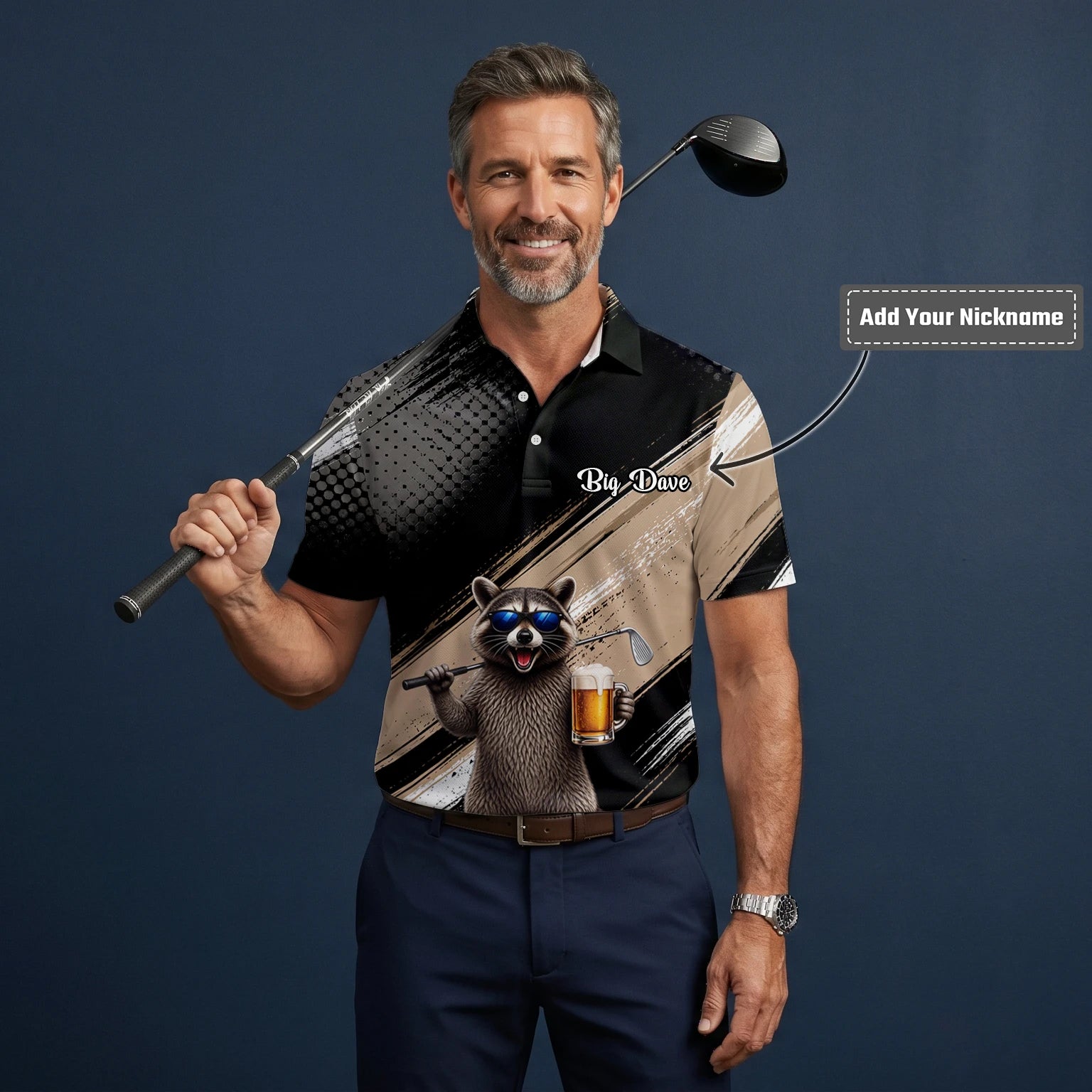 Personalised Black Beige Raccoon Beer Golfer Cartoon Golf Polo Shirt For Men K7921