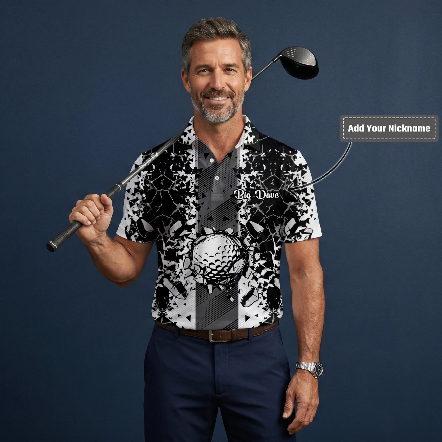 Personalised Black White Golf Ball Shattered Glass Golf Polo Shirt For Men F6407