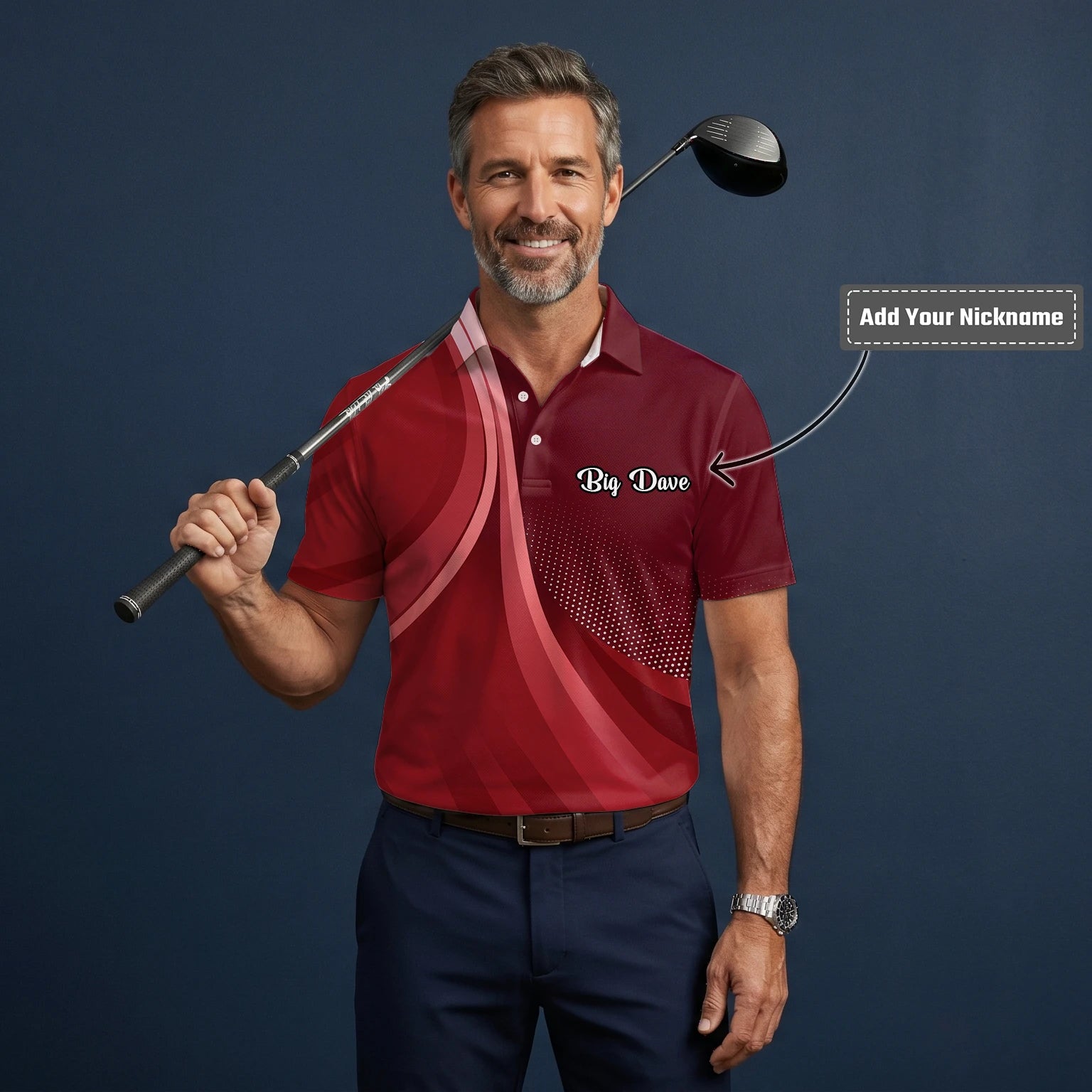 Personalised Burgundy Red Abstract Wave Golf Polo Shirt For Men B4612