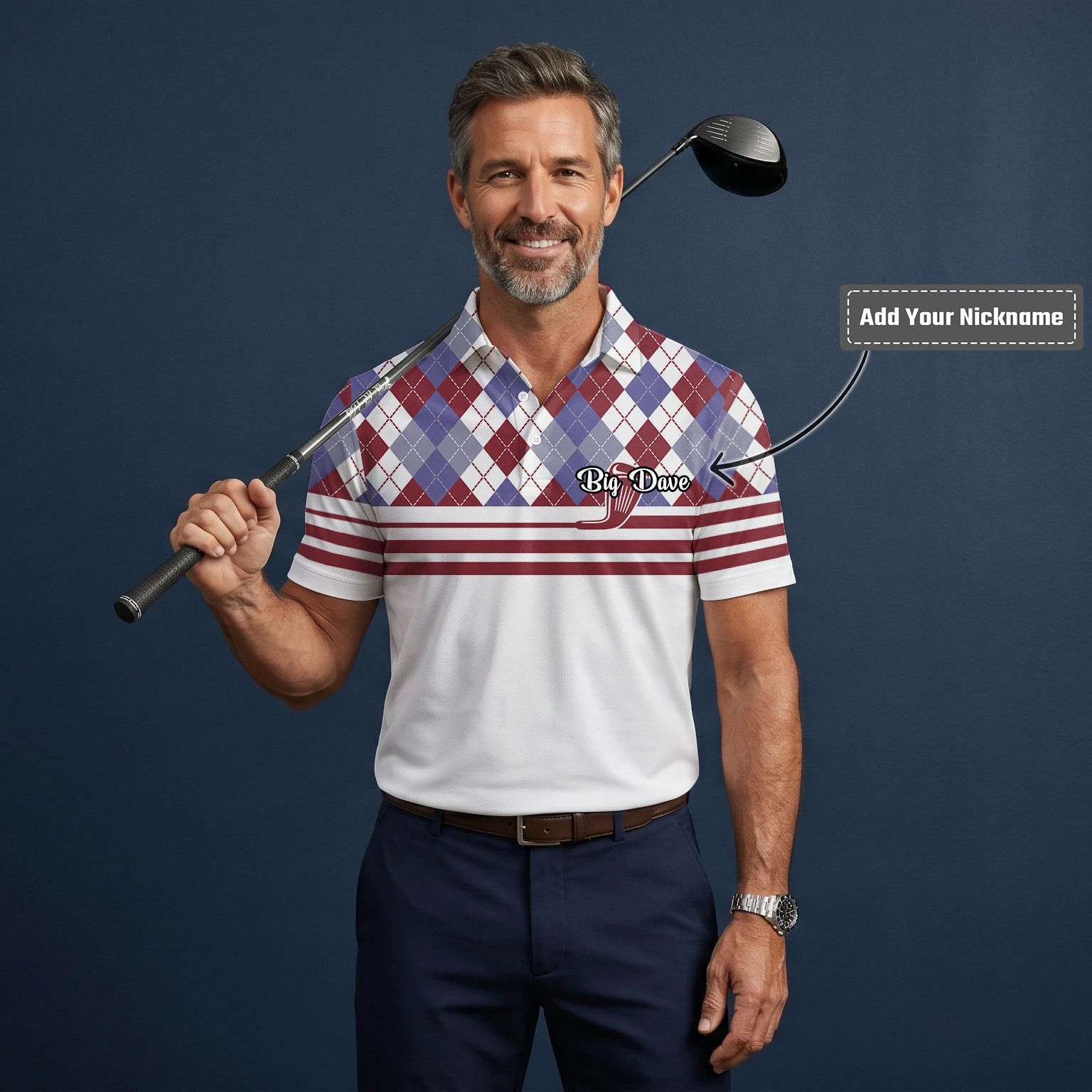 Personalised White Burgundy Argyle Golf Club Stripe Golf Polo Shirt For Men K9019