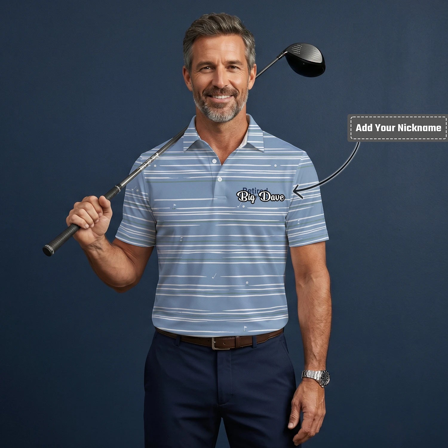 Personalised Powder Blue White Abstract Stripe Golf Polo Shirt For Men F9706