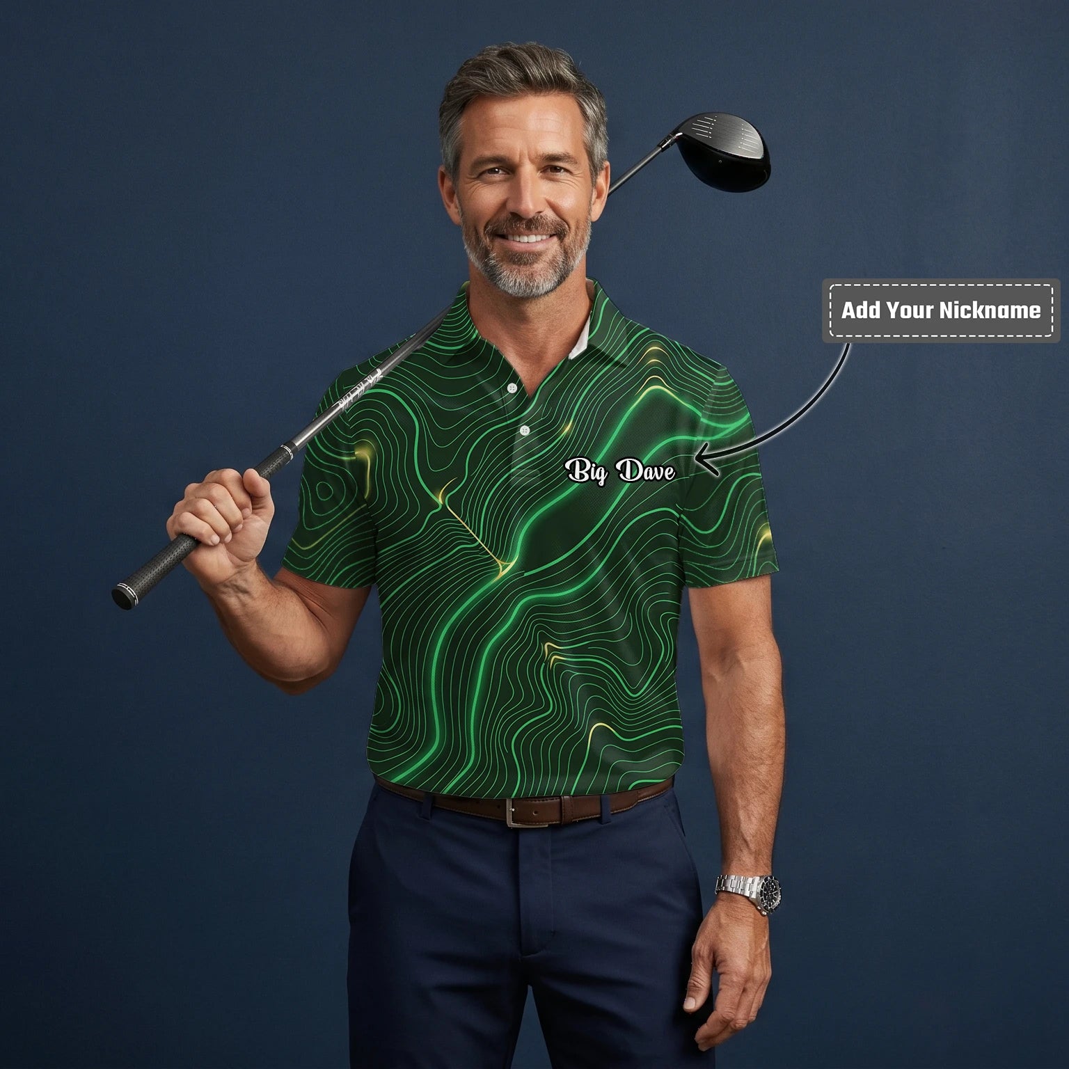 Personalised Green Black Topographic Line Golf Polo Shirt For Men E4992