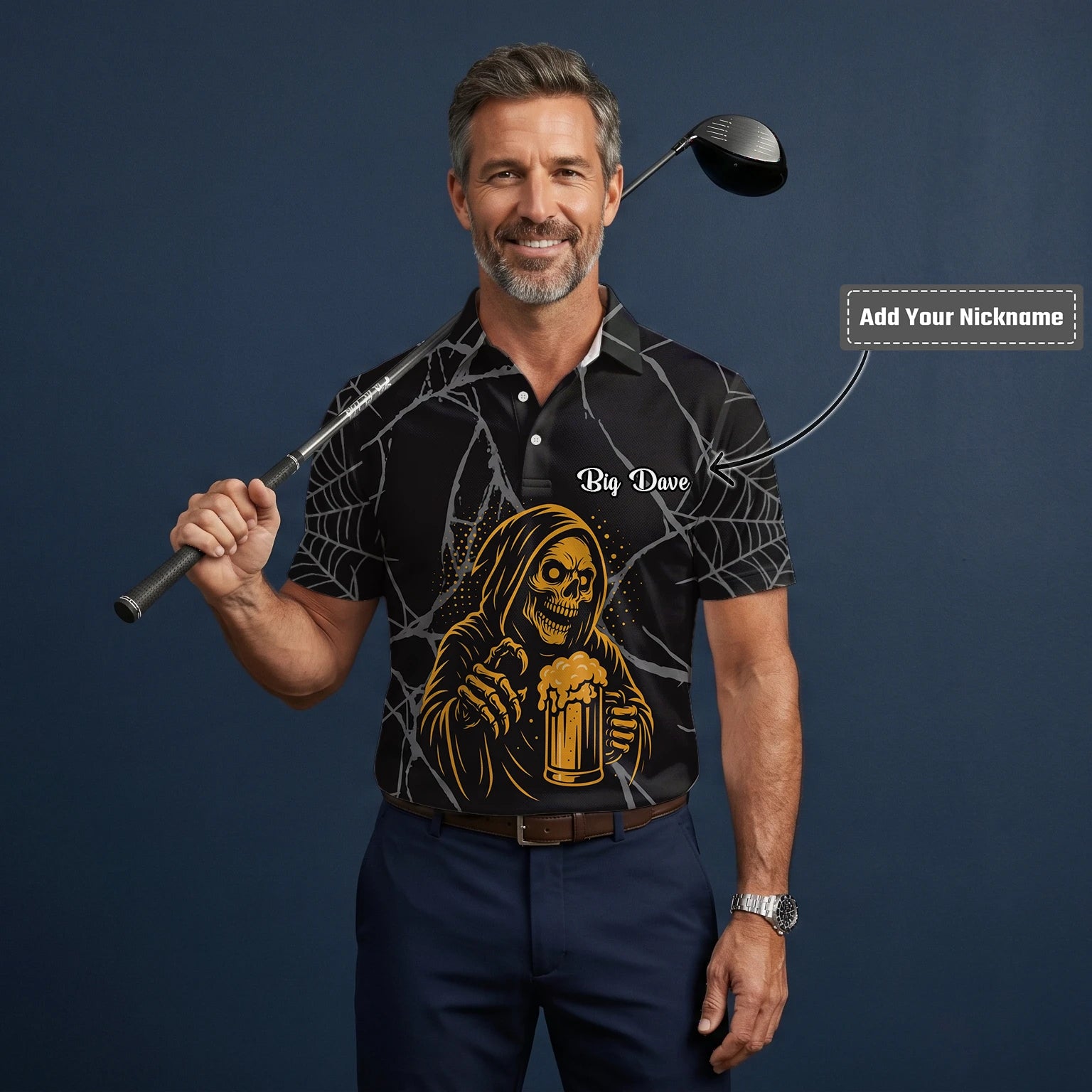 Personalised Black Gold Grim Reaper Beer Golf Polo Shirt For Men J8667