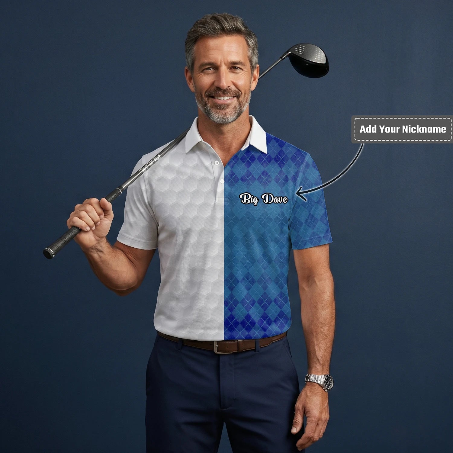 Personalised White Blue Argyle Golf Ball Texture Golf Polo Shirt For Men M9214