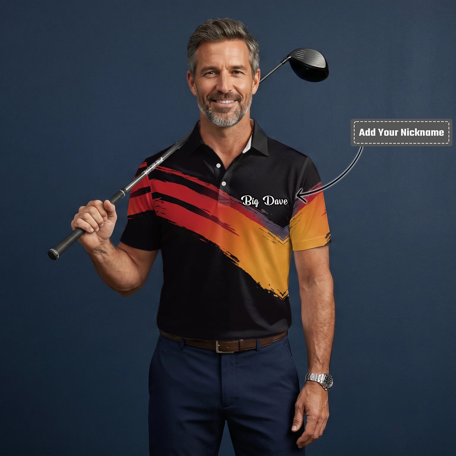 Personalised Black Red Orange Brush Stroke Golf Polo Shirt For Men M6093