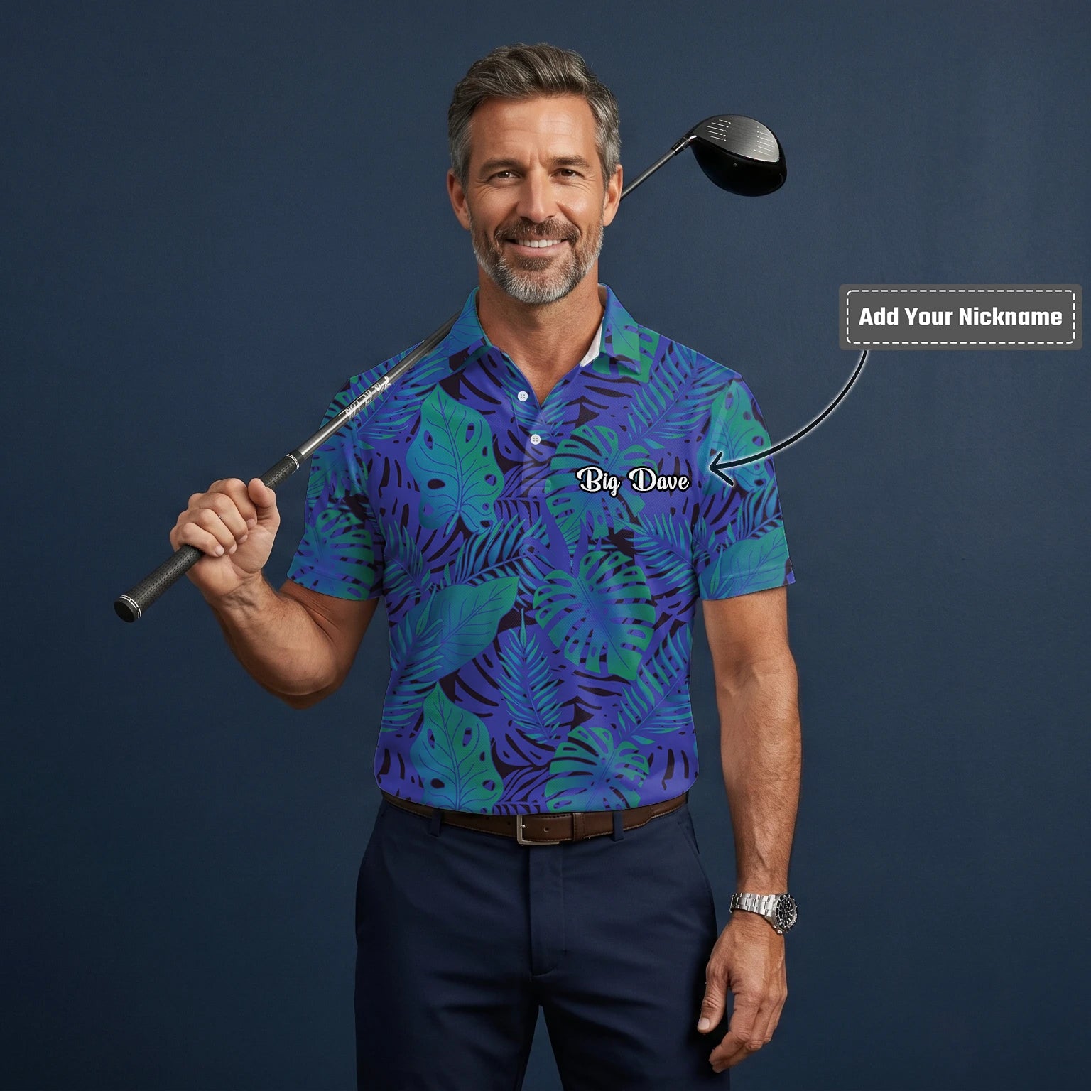 Personalised Blue Purple Tropical Monstera Leaf Golf Polo Shirt For Men G3142