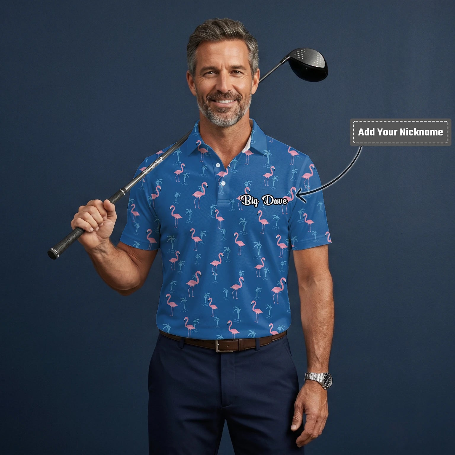 Personalised Blue Pink Flamingo Palm Golf Polo Shirt For Men C8068