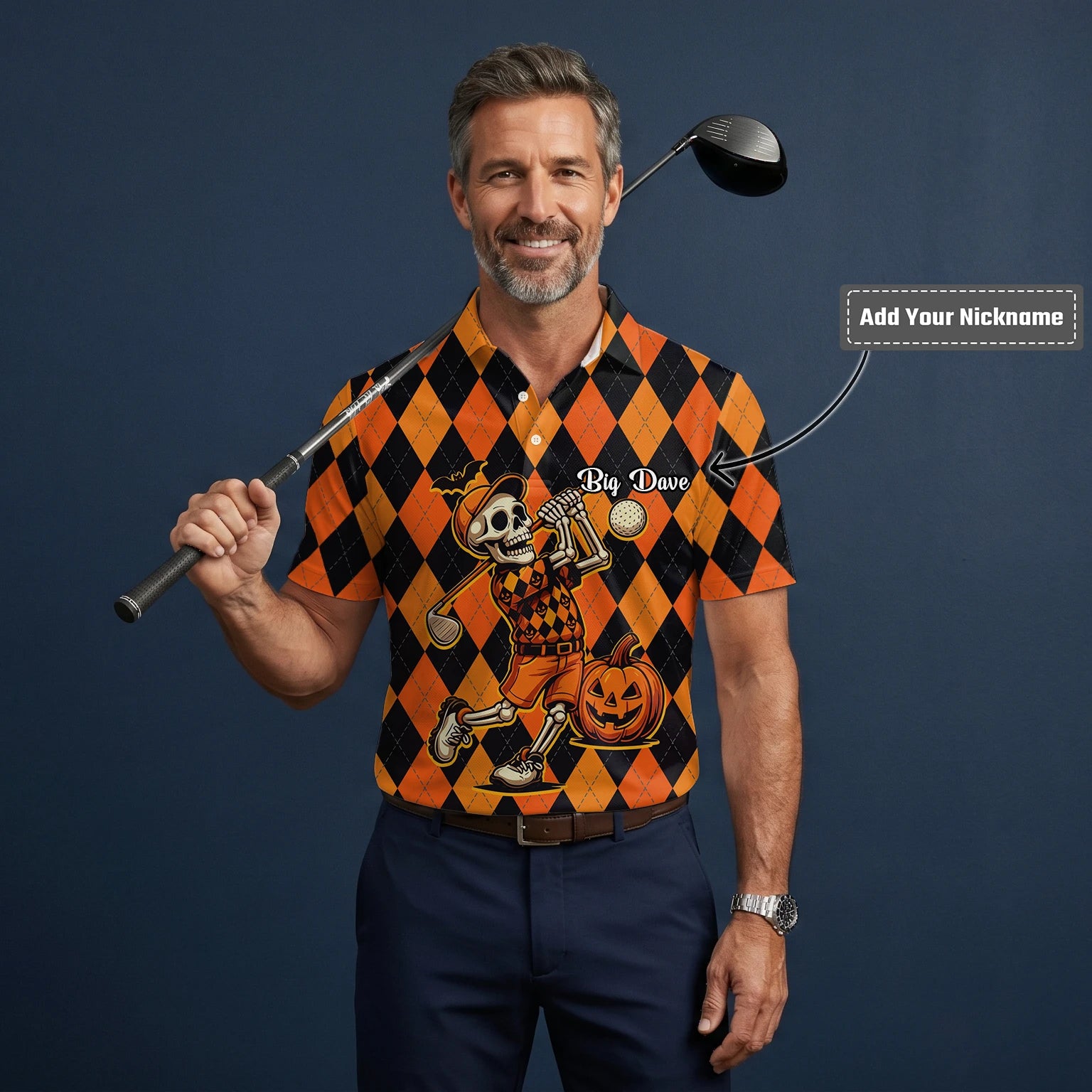 Personalised Orange Black Halloween Skeleton Golfer Argyle Golf Polo Shirt For Men I4585