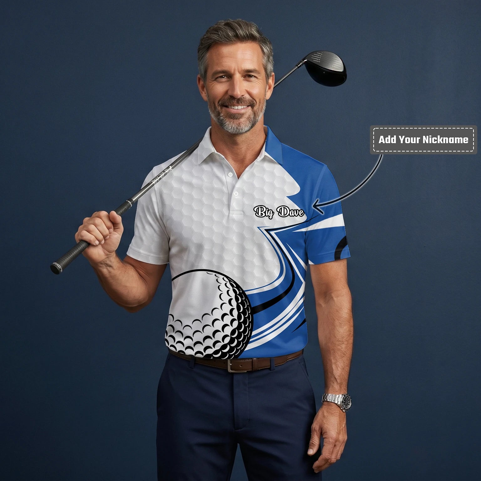 Personalised White Blue Golf Ball Hexagon Golf Polo Shirt For Men S7973
