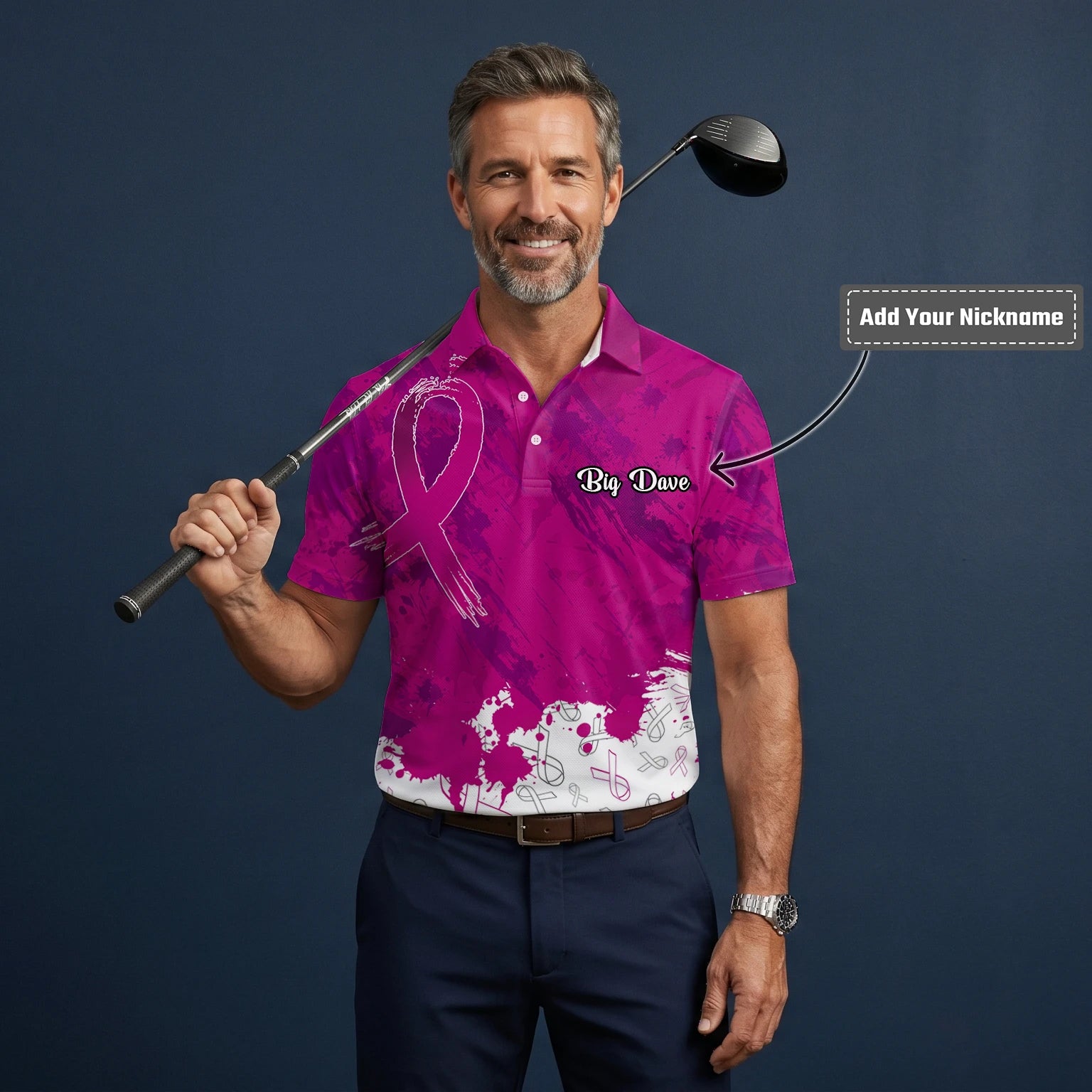 Personalised Magenta Breast Cancer Awareness Ribbon Paint Splash Golf Polo Shirt For Men Q5636