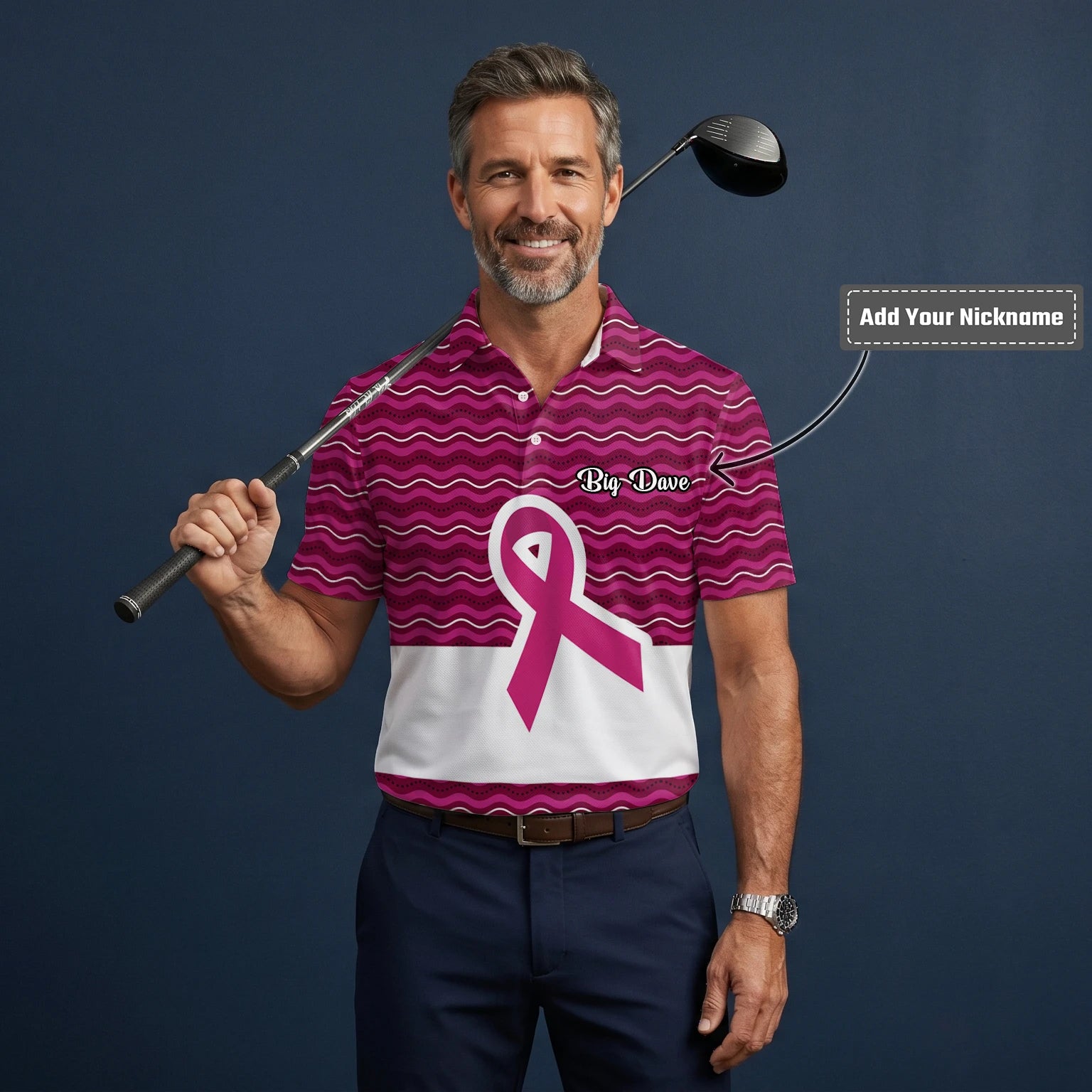 Personalised Pink Breast Cancer Awareness Ribbon Wave Golf Polo Shirt For Men B1640