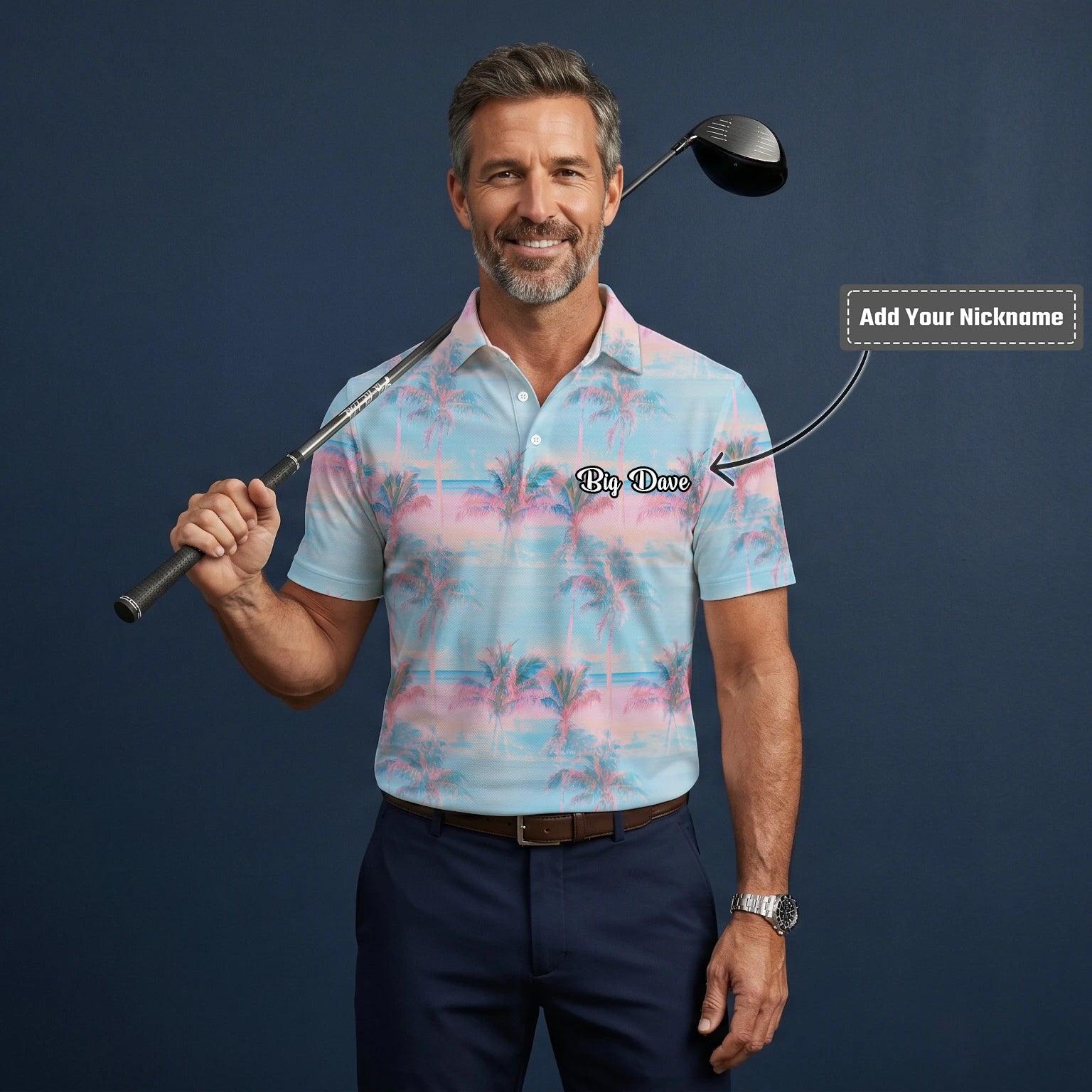 Personalised Pastel Blue Pink Palm Sunset Golf Polo Shirt For Men G4431