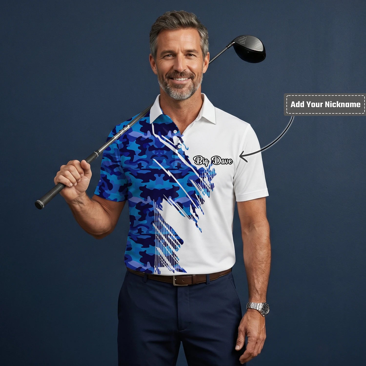 Personalised White Blue Camo Brush Stroke Golf Polo Shirt For Men M3845