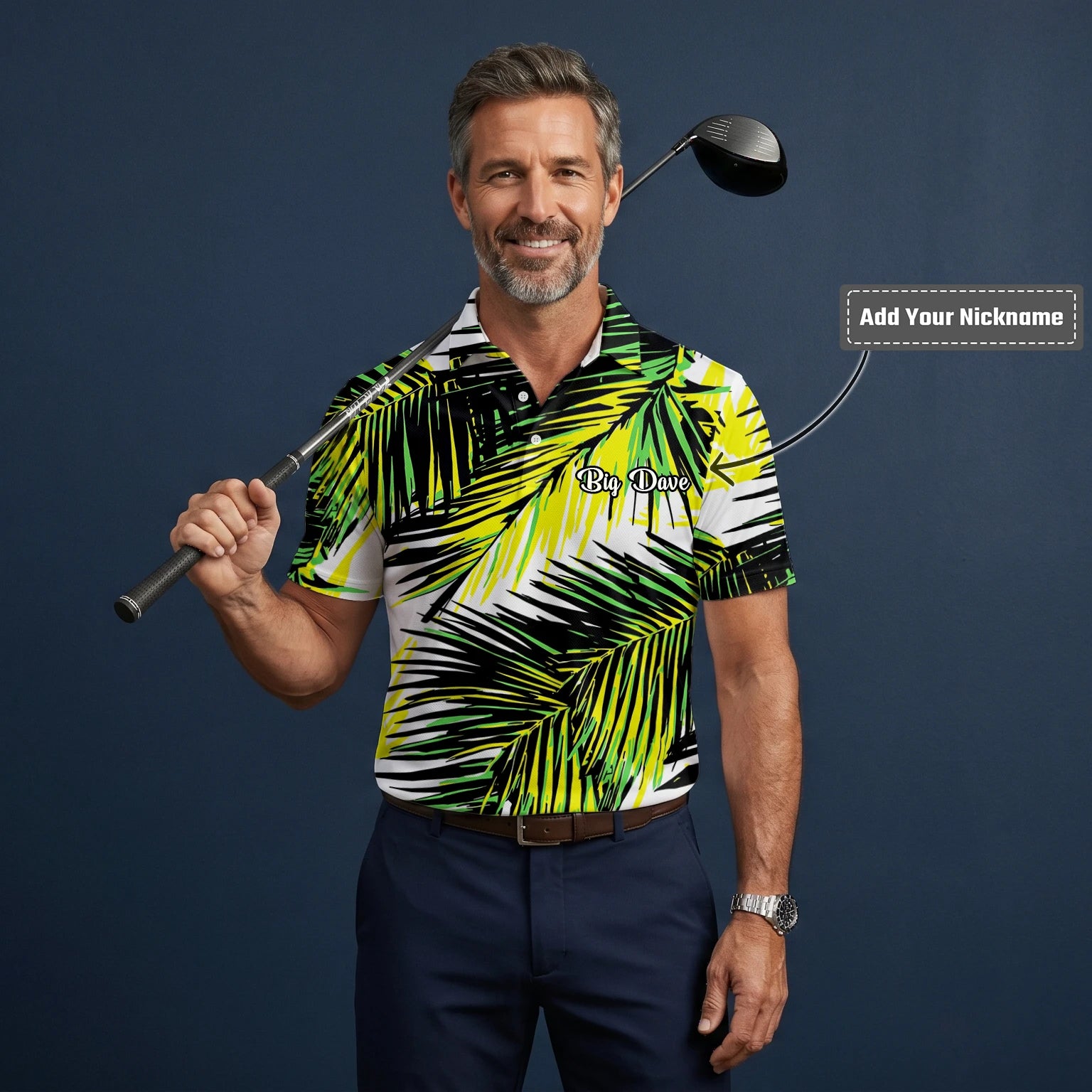 Personalised Black Lime Tropical Palm Leaf Golf Polo Shirt For Men R3070