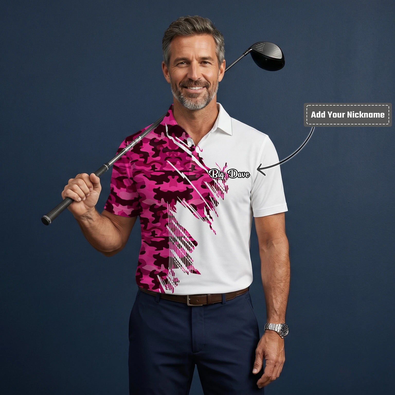 Personalised White Pink Camo Brush Stroke Golf Polo Shirt For Men S6501