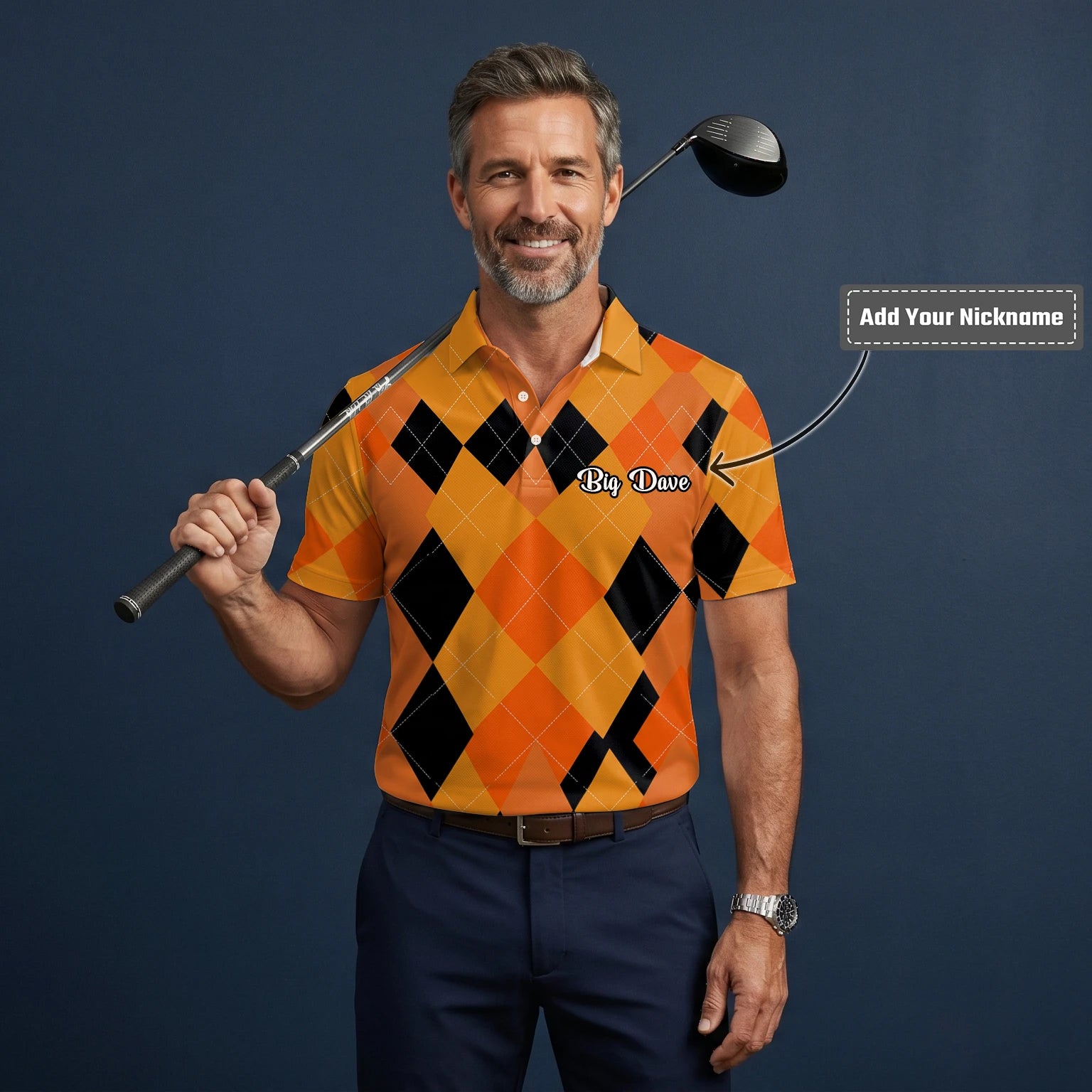 Personalised Orange Black Argyle Diamond Golf Polo Shirt For Men C4203