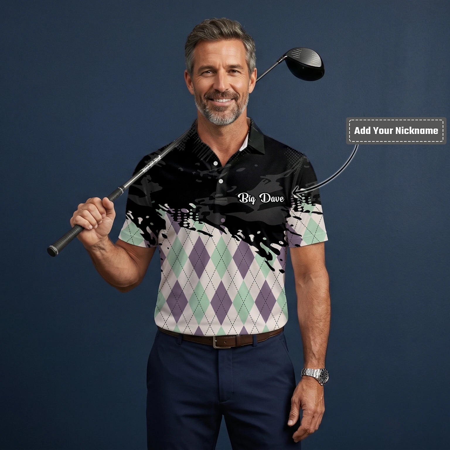 Personalised Black Mint Purple Argyle Paint Splash Golf Polo Shirt For Men C5124