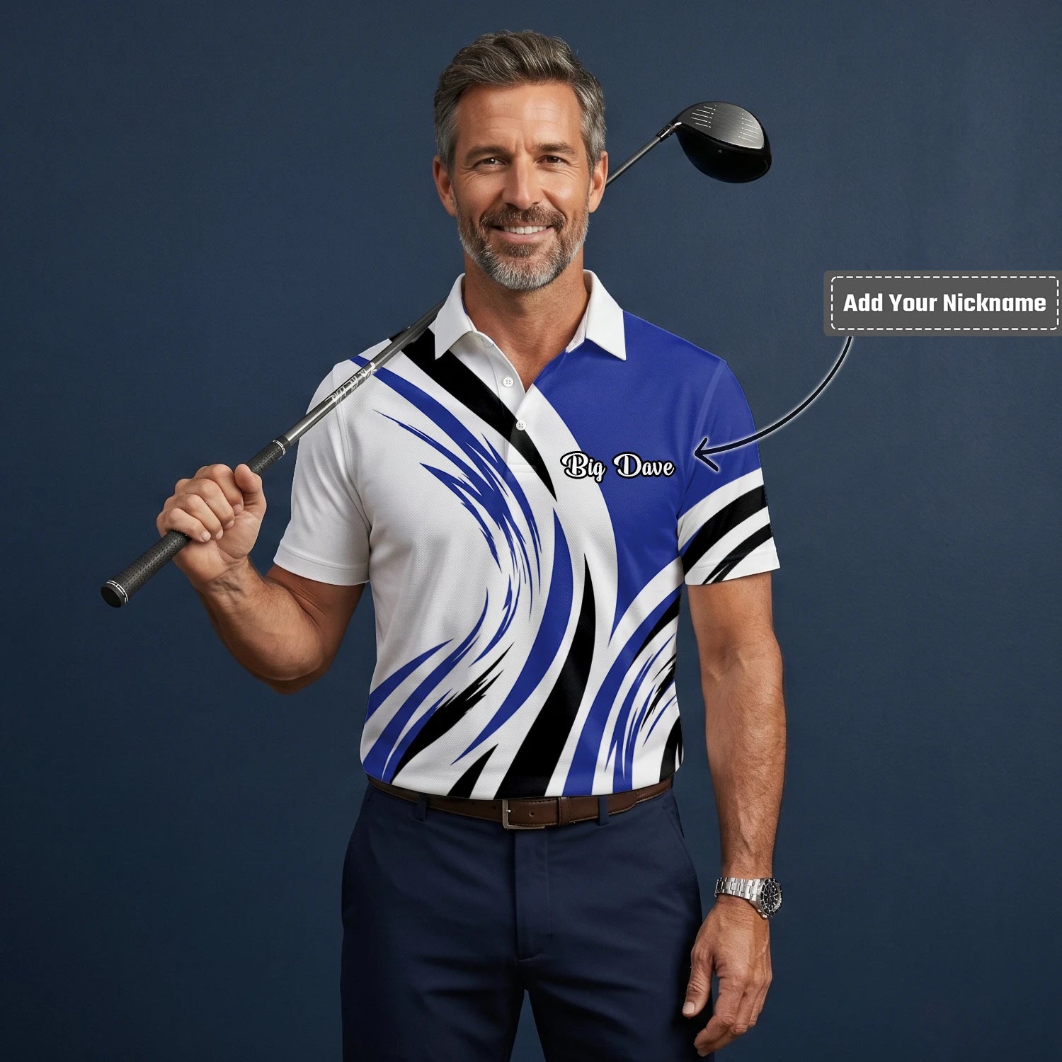 Personalised White Blue Black Abstract Wave Golf Polo Shirt For Men V7849