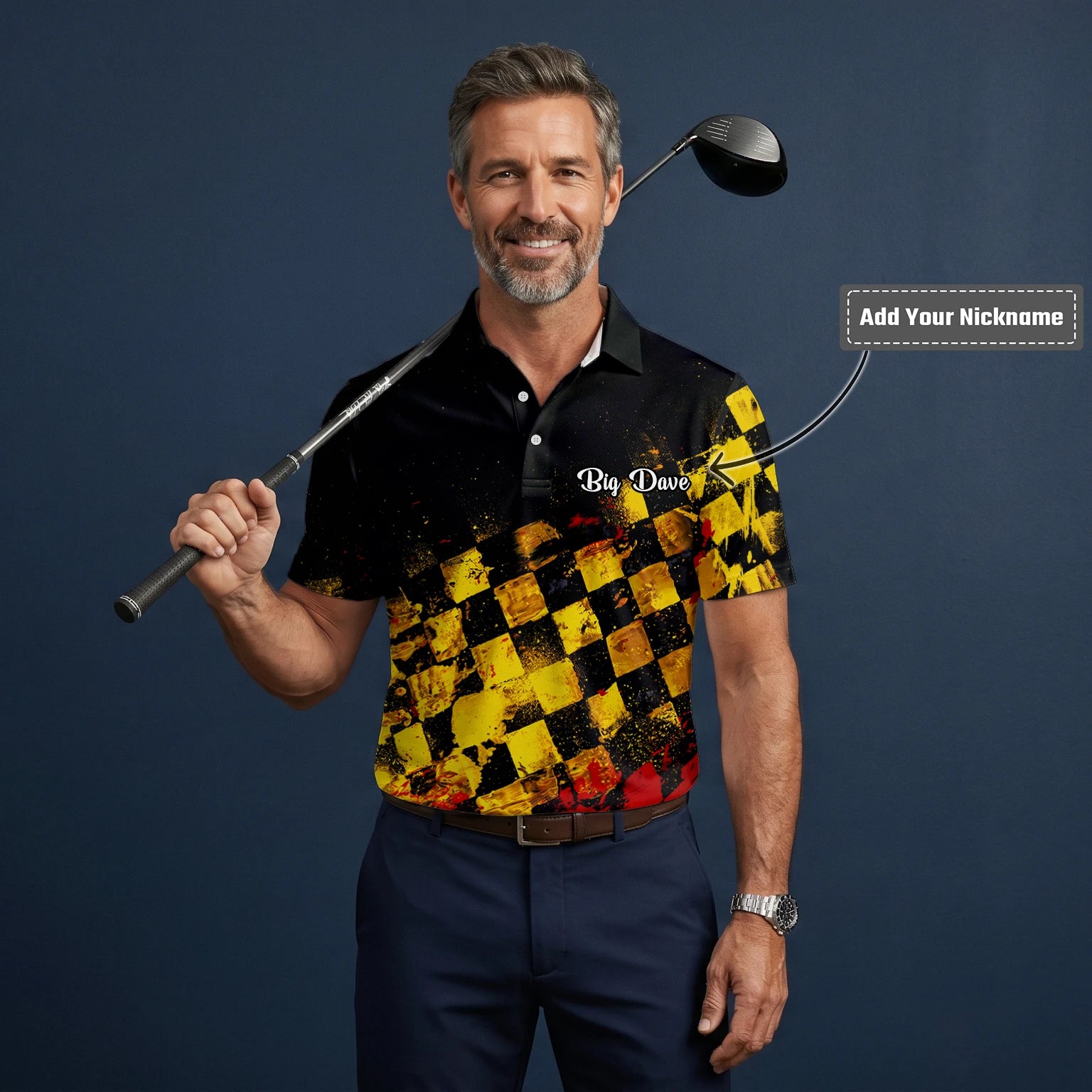 Personalised Black Yellow Red Grunge Checkerboard Golf Polo Shirt For Men R0396