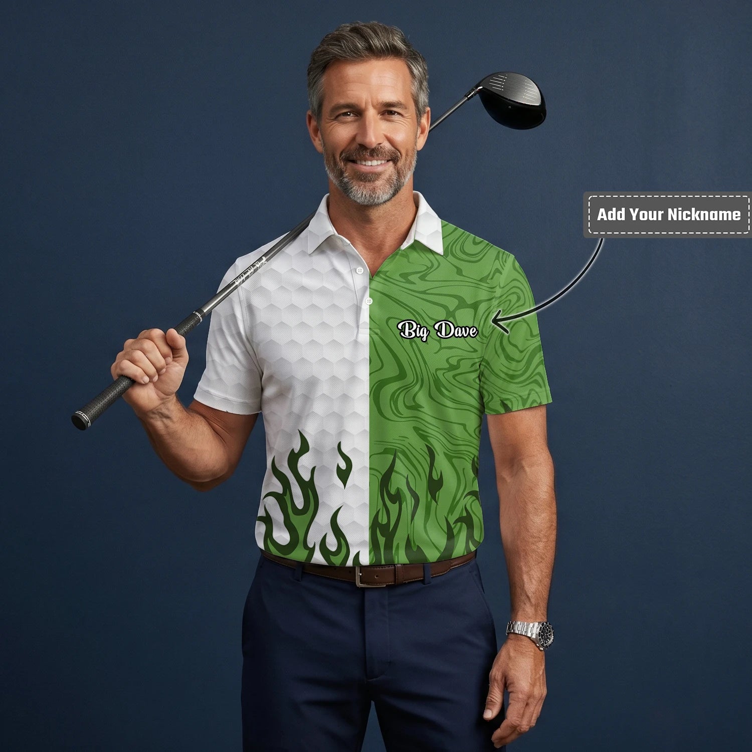 Personalised White Green Flame Marble Golf Polo Shirt For Men D2353
