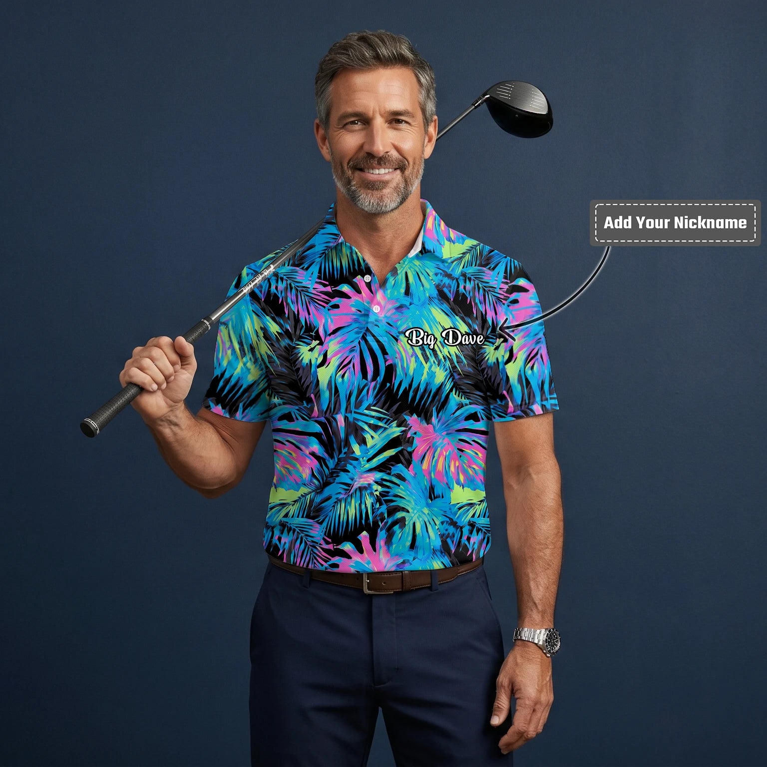 Personalised Black Neon Tropical Leaf Golf Polo Shirt For Men D2207