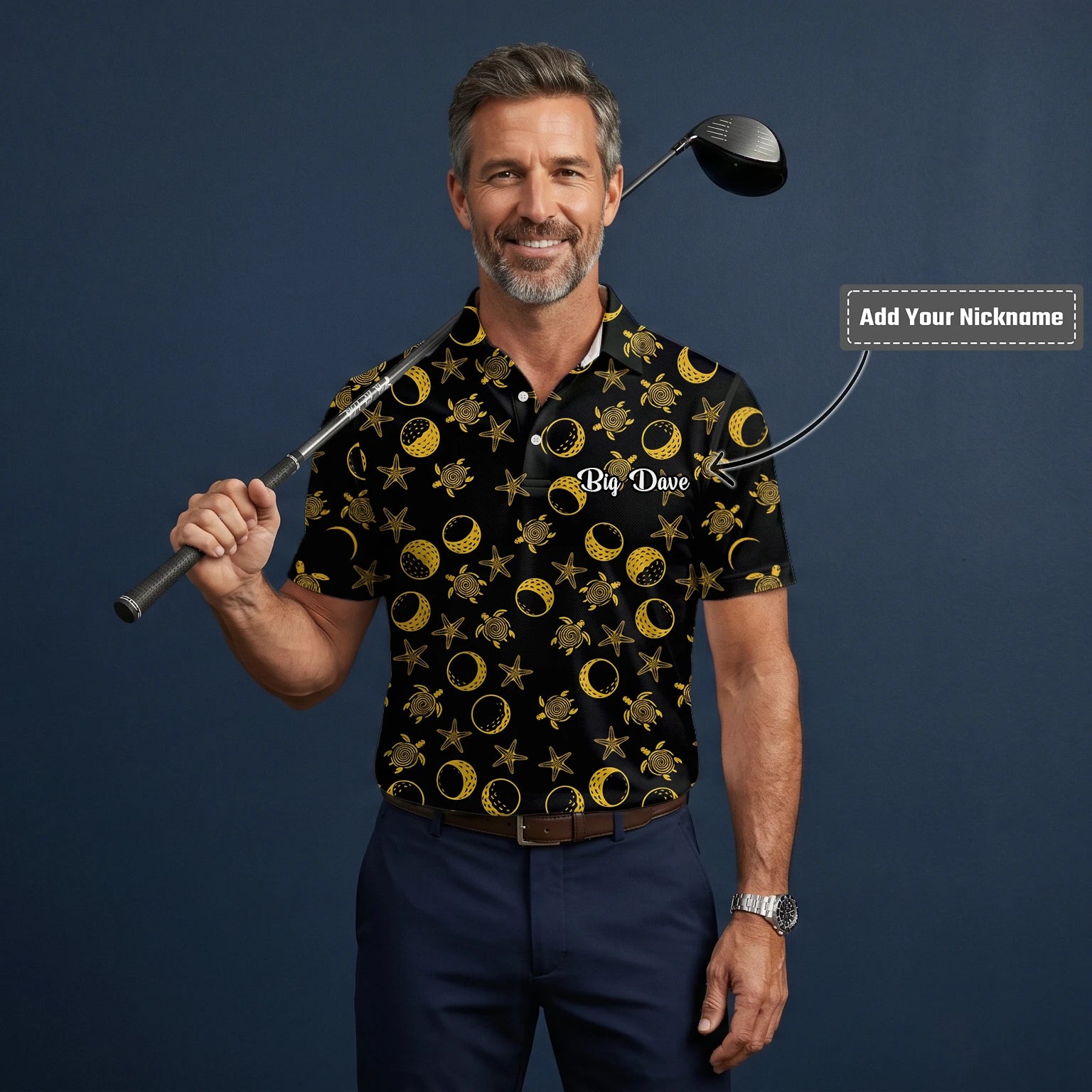 Personalised Black Gold Sea Turtle Moon Star Golf Polo Shirt For Men V4483