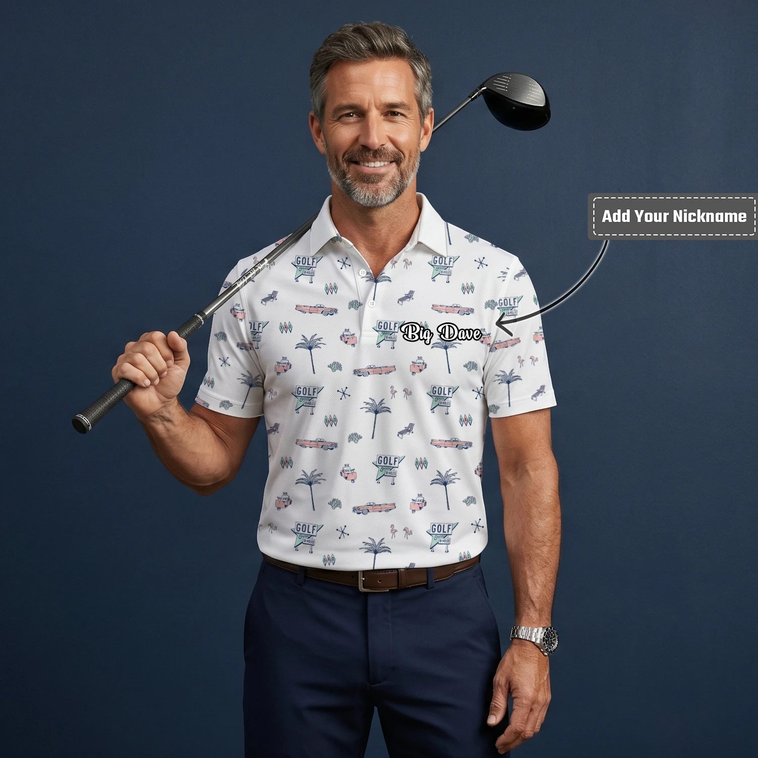 Personalised White Golf Holiday Doodle Golf Polo Shirt For Men Z8344