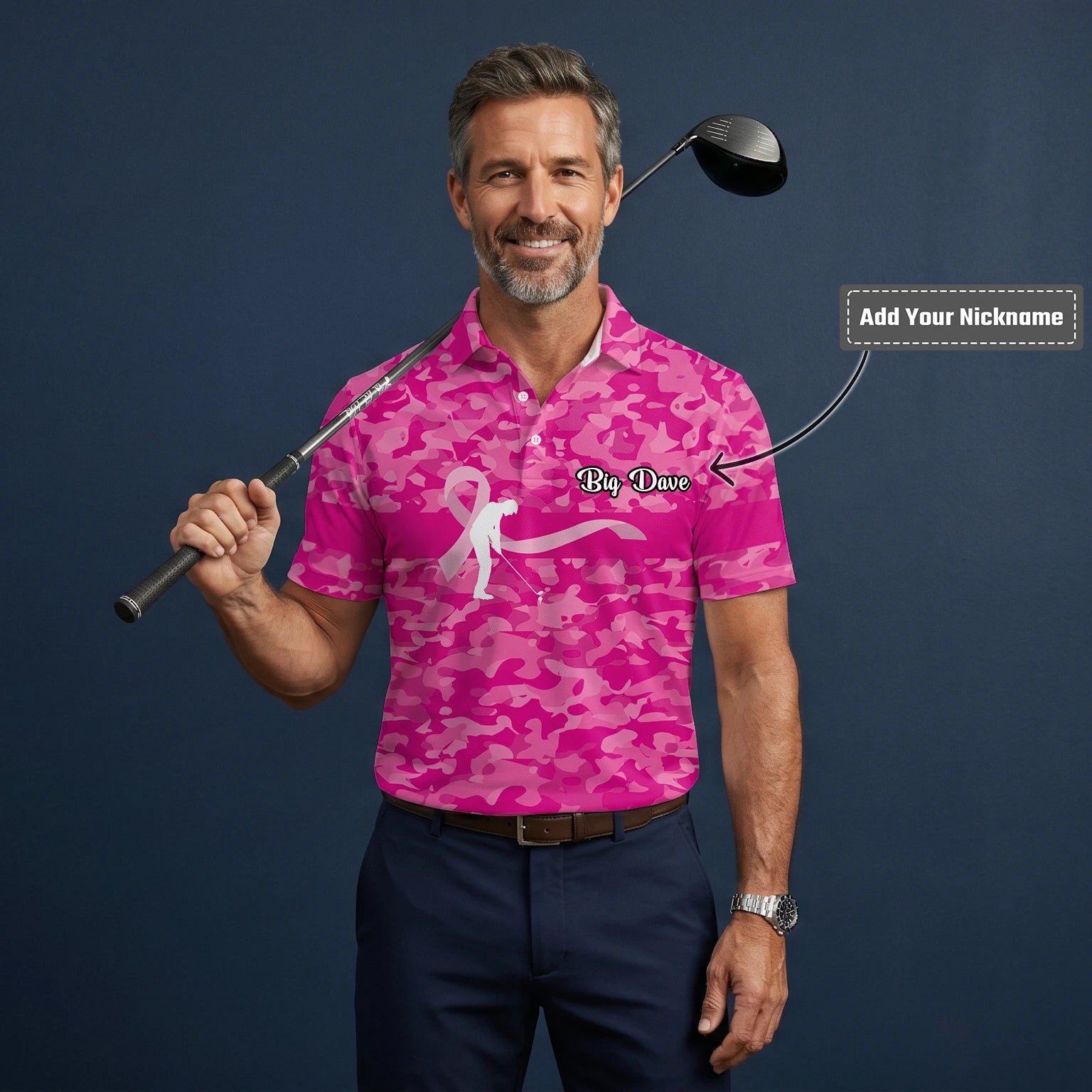 Personalised Pink Camo Breast Cancer Awareness Ribbon Golfer Golf Polo Shirt For Men Z3179