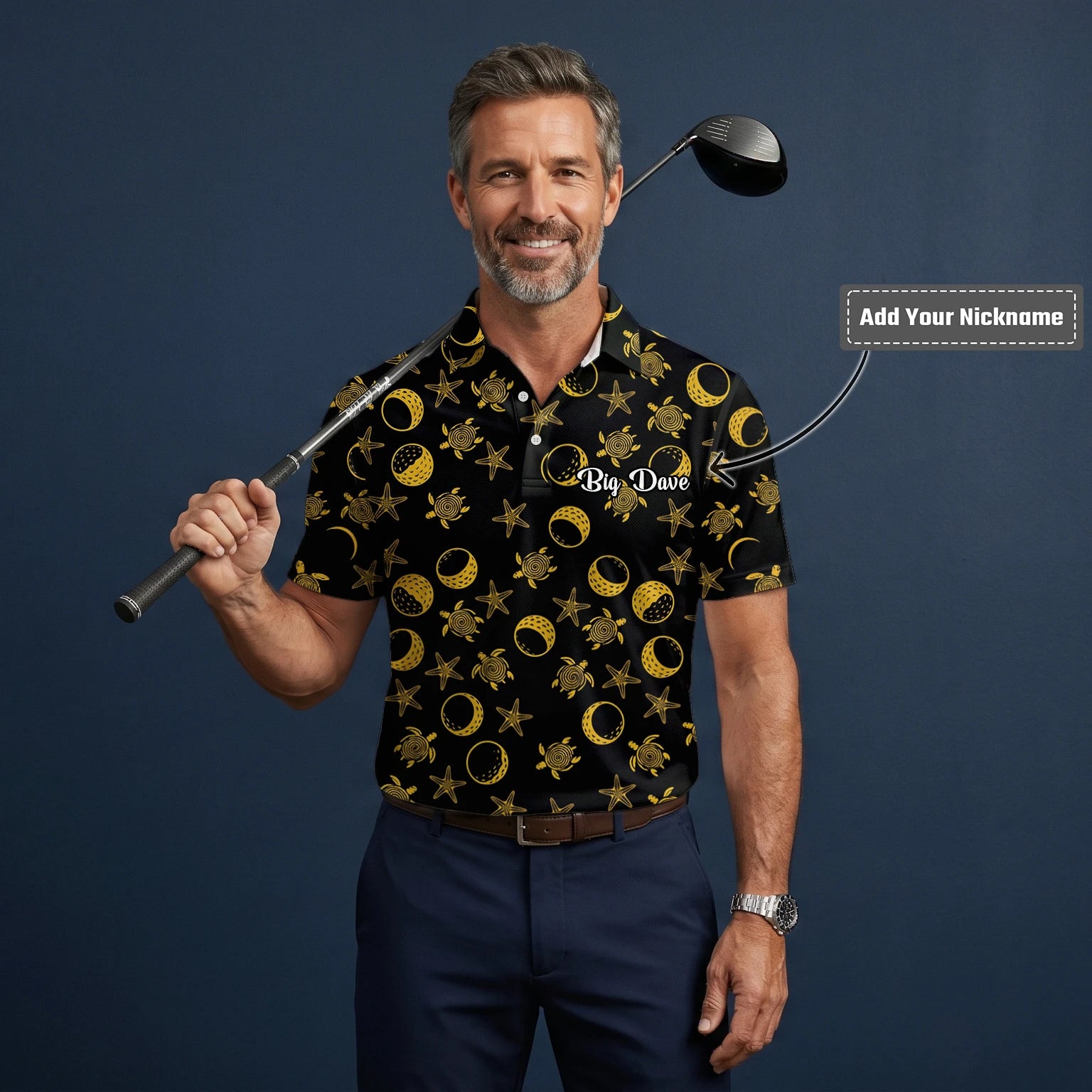 Personalised Black Gold Sea Turtle Moon Star Golf Polo Shirt For Men V4483