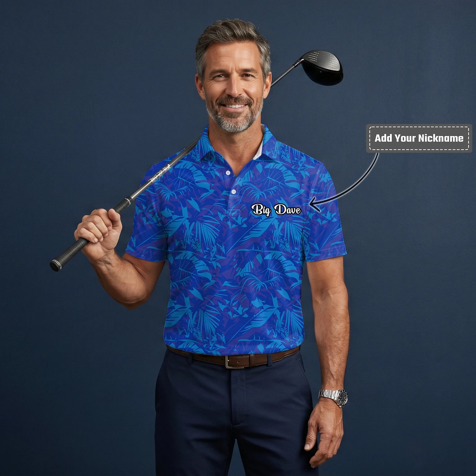 Personalised Blue Tropical Leaf Golf Polo Shirt For Men Z7717