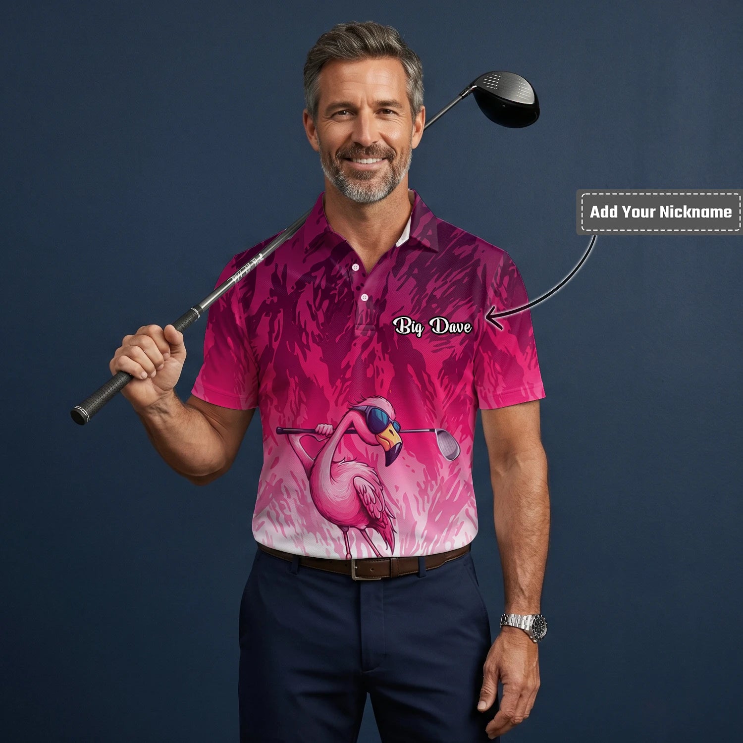 Personalised Pink Flamingo Golfer Paint Splash Golf Polo Shirt For Men R4990