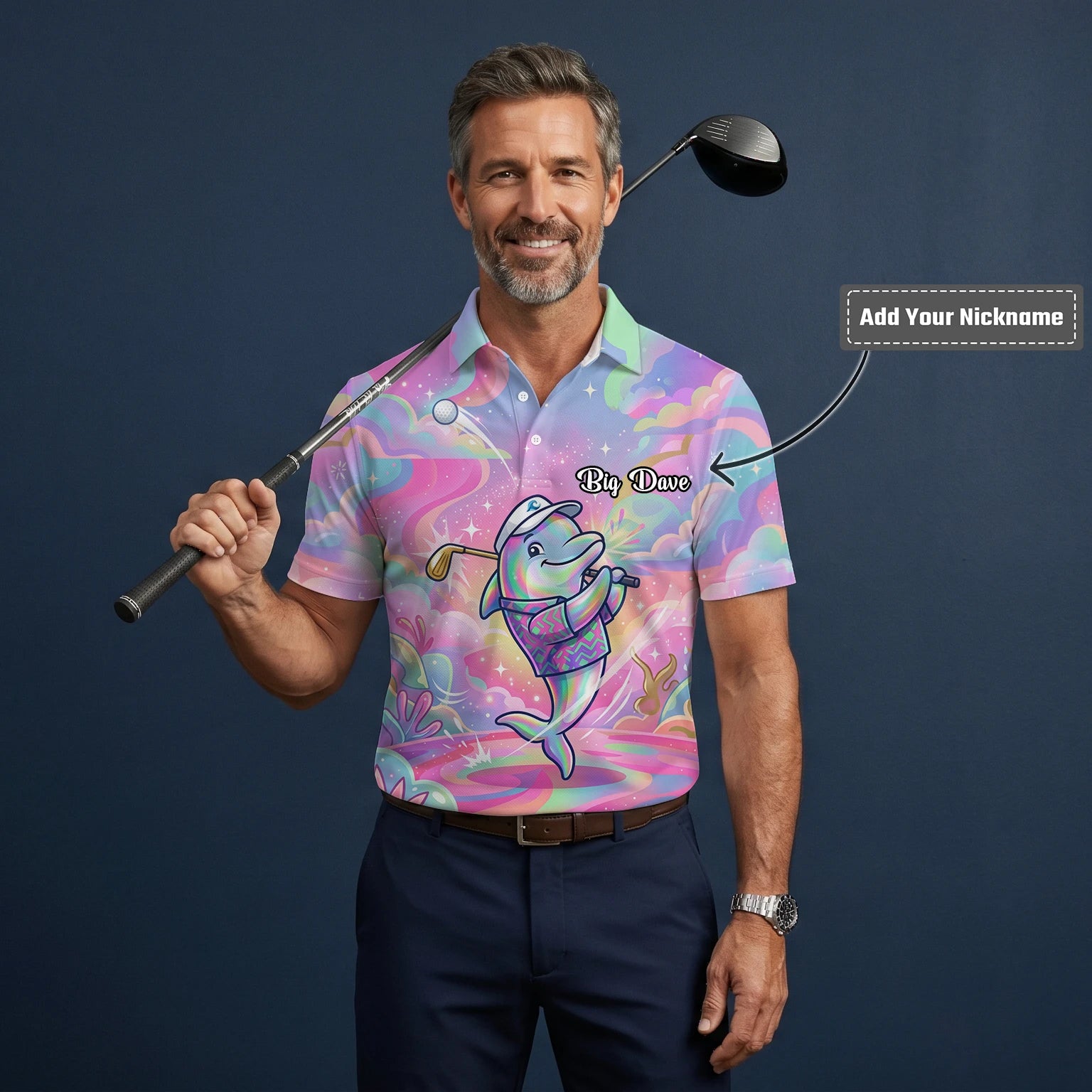 Personalised Pastel Rainbow Dolphin Golfer Cartoon Golf Polo Shirt For Men L3862