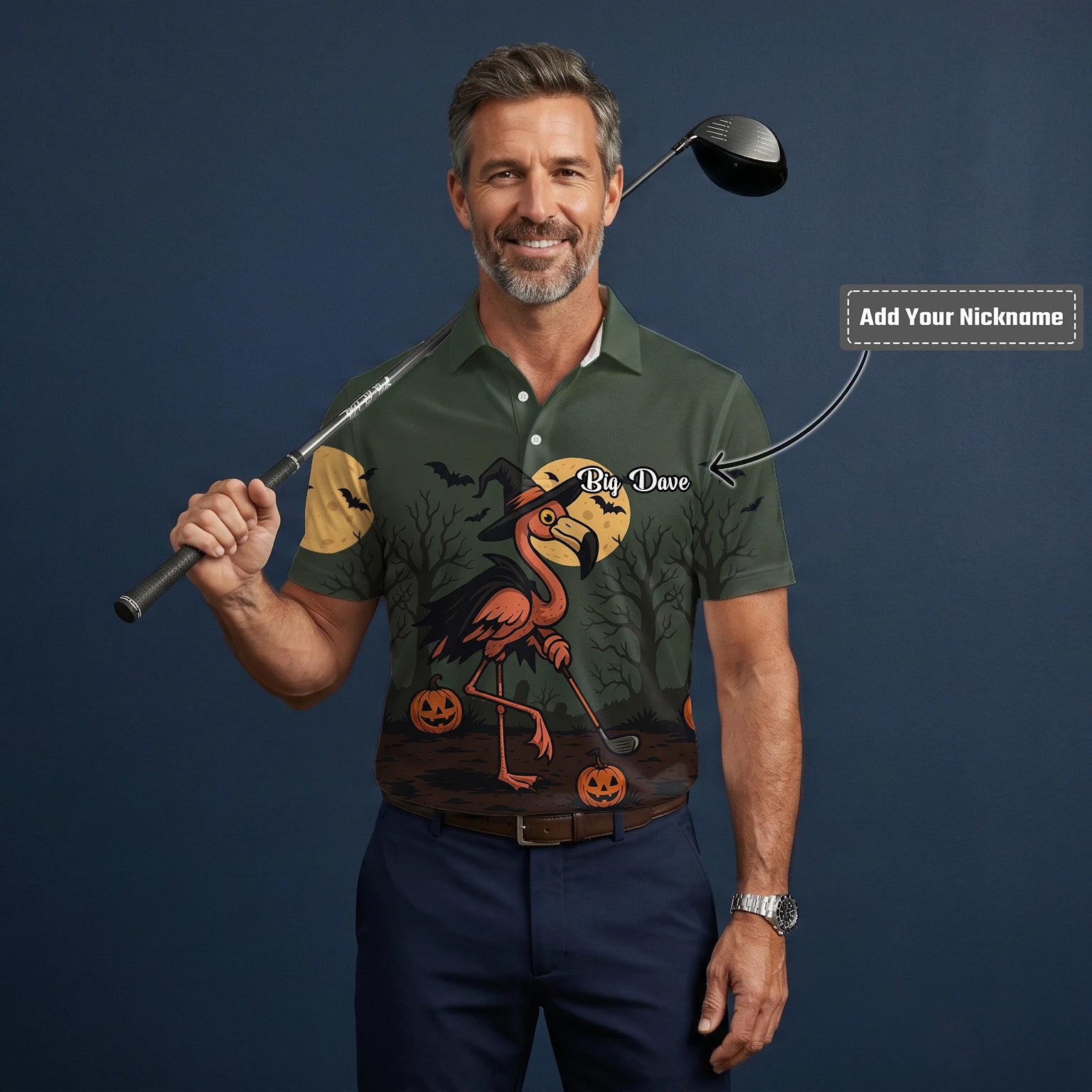 Personalised Olive Halloween Flamingo Witch Golfer Pumpkin Golf Polo Shirt For Men X5811
