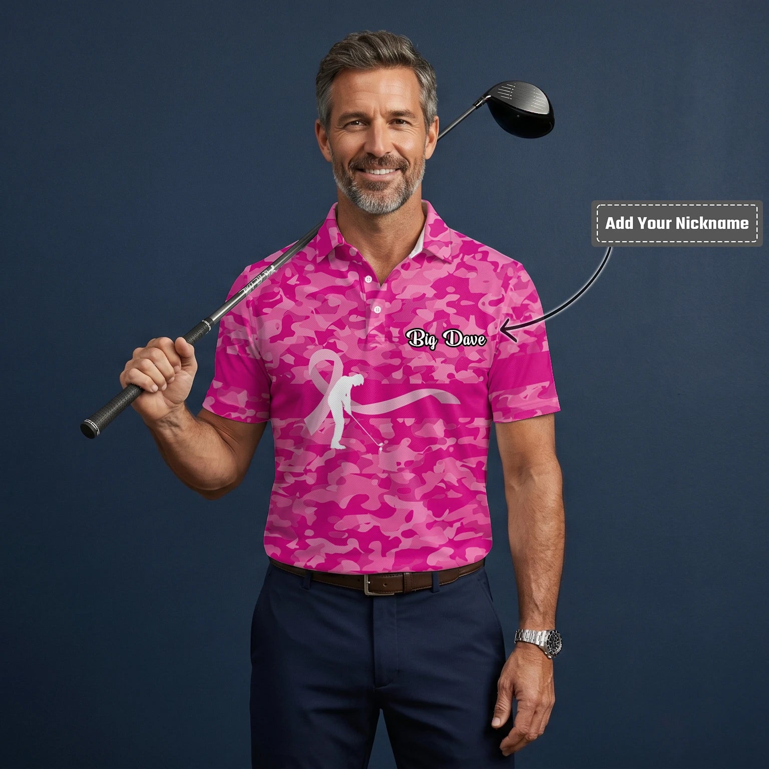 Personalised Pink Camo Breast Cancer Awareness Ribbon Golfer Golf Polo Shirt For Men Z3179
