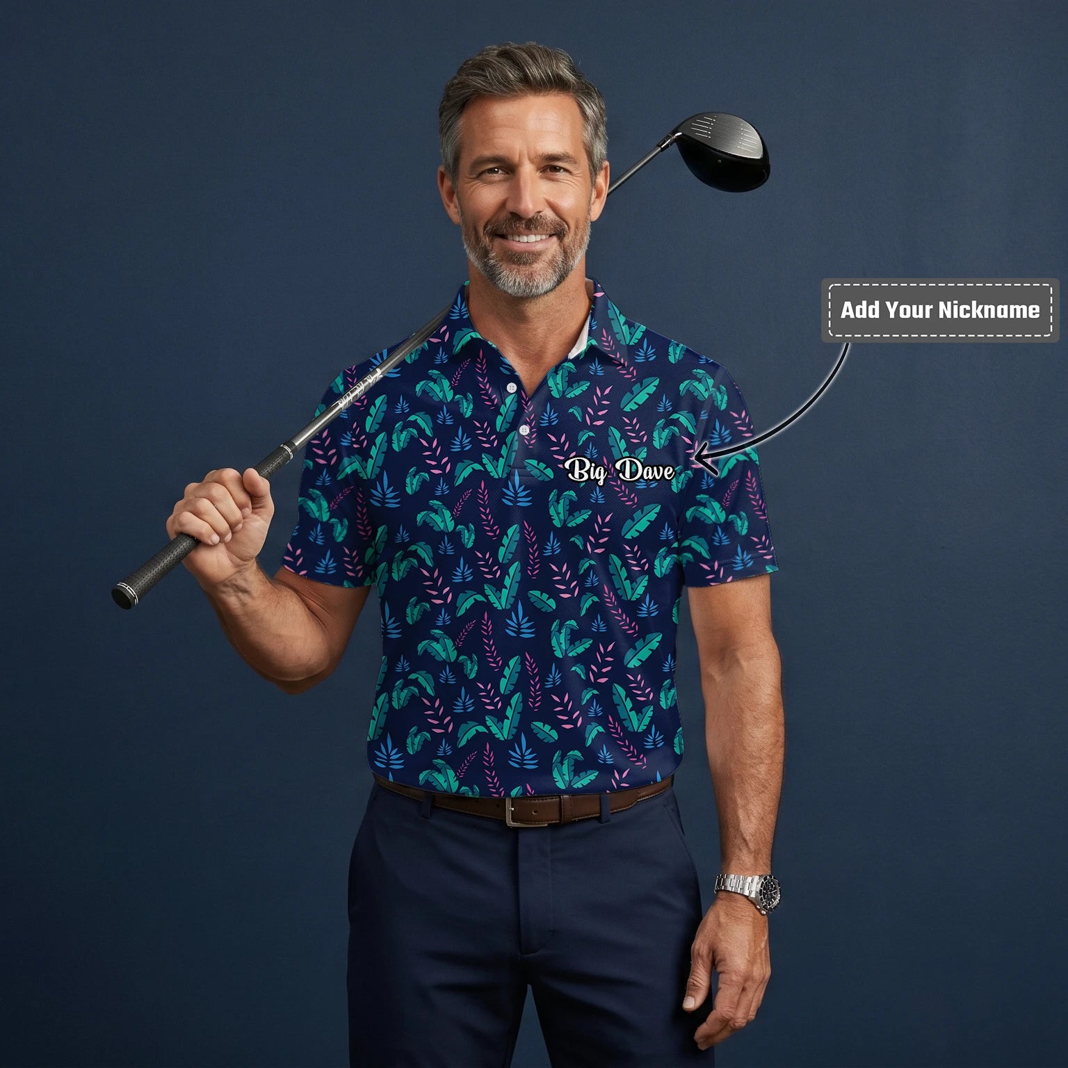 Personalised Navy Teal Tropical Leaf Golf Polo Shirt For Men S8145