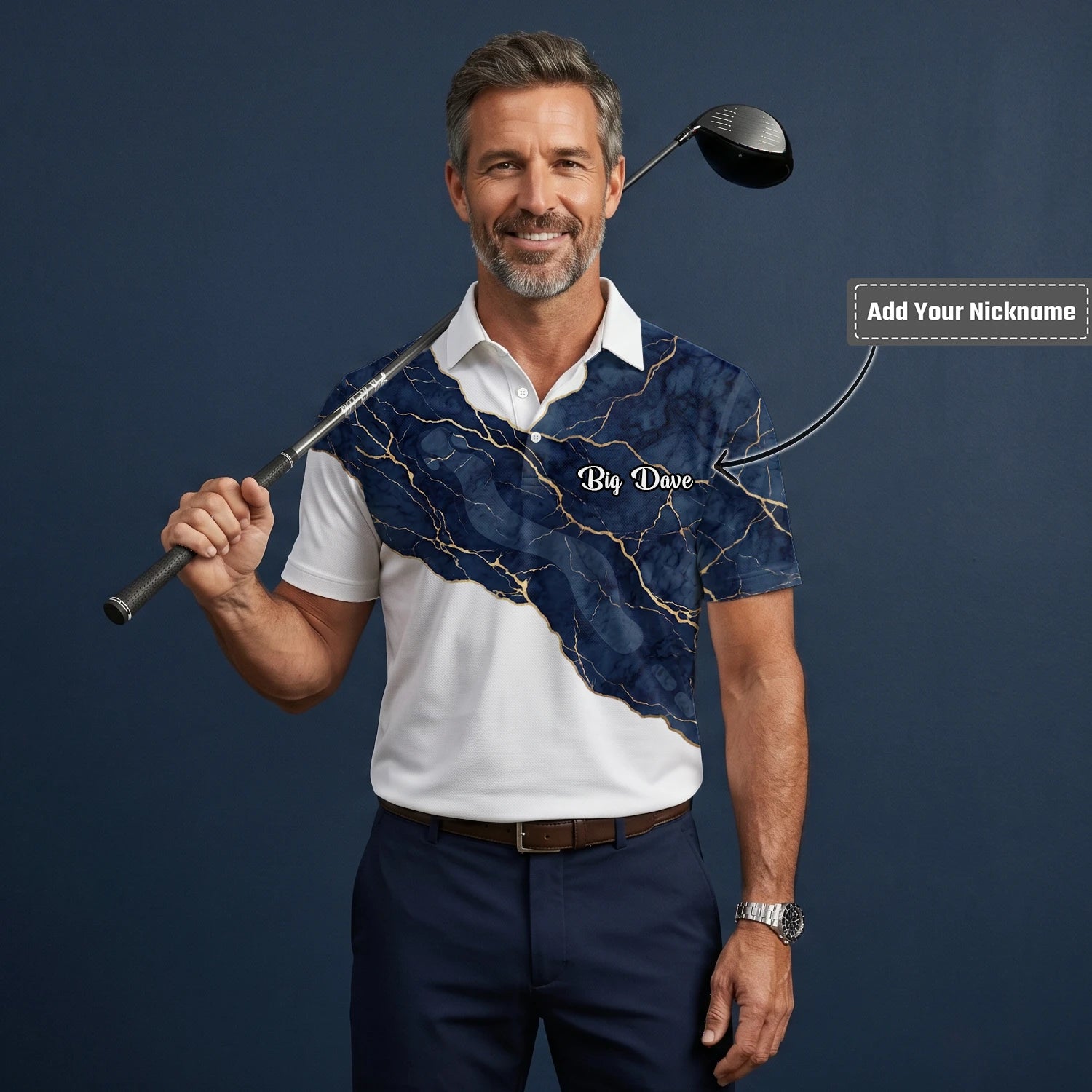 Personalised White Navy Marble Gold Vein Golf Polo Shirt For Men B4939