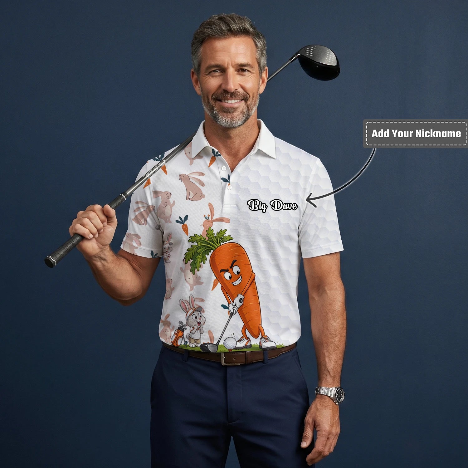 Personalised White Carrot Bunny Golfer Cartoon Golf Polo Shirt For Men Y6359