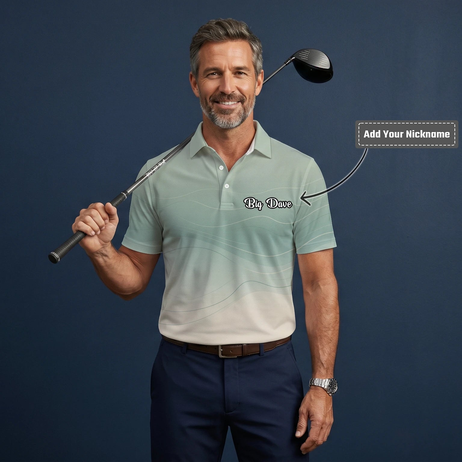 Personalised Sage Green Beige Abstract Wave Golf Polo Shirt For Men X8036