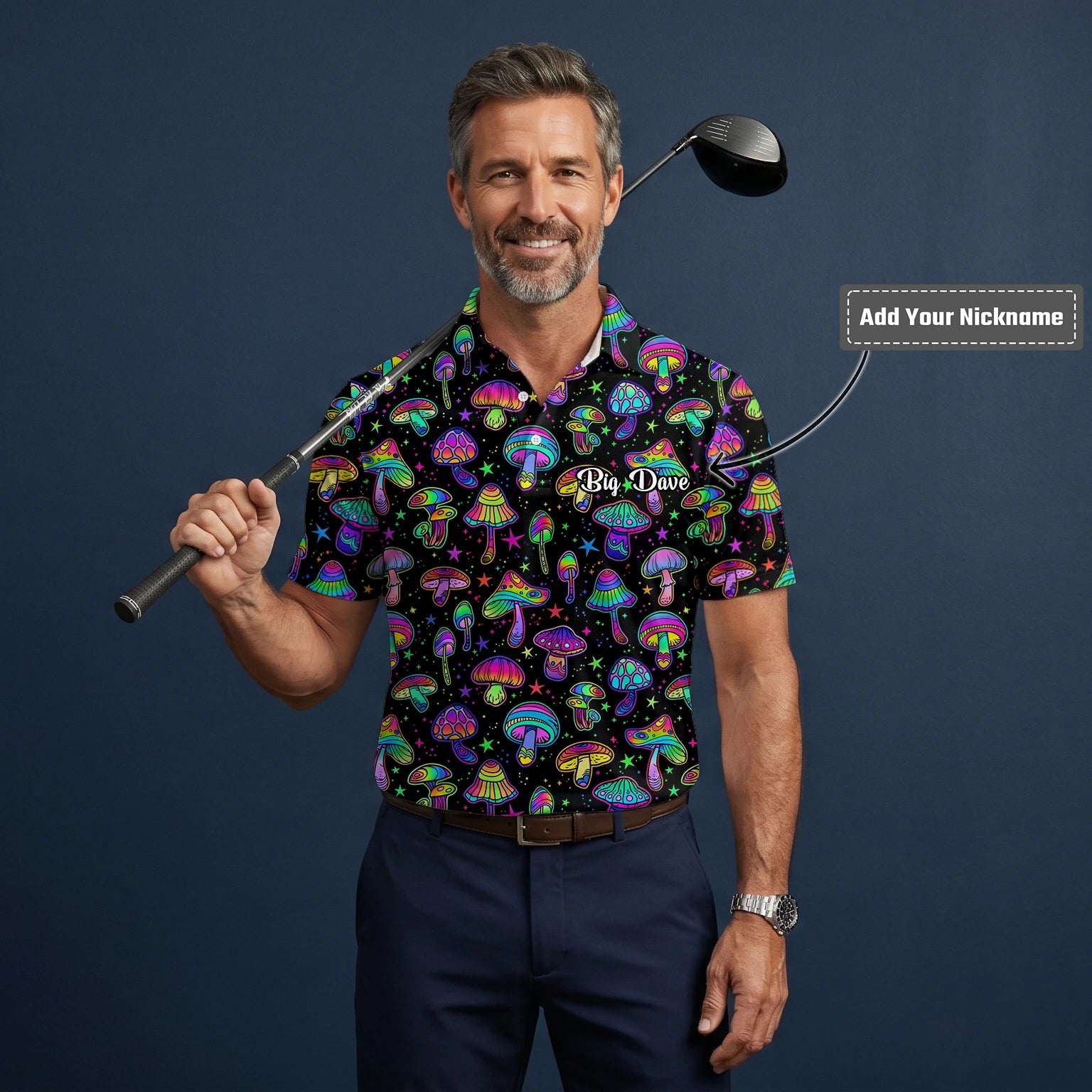 Personalised Black Neon Mushroom Psychedelic Golf Polo Shirt For Men L0182