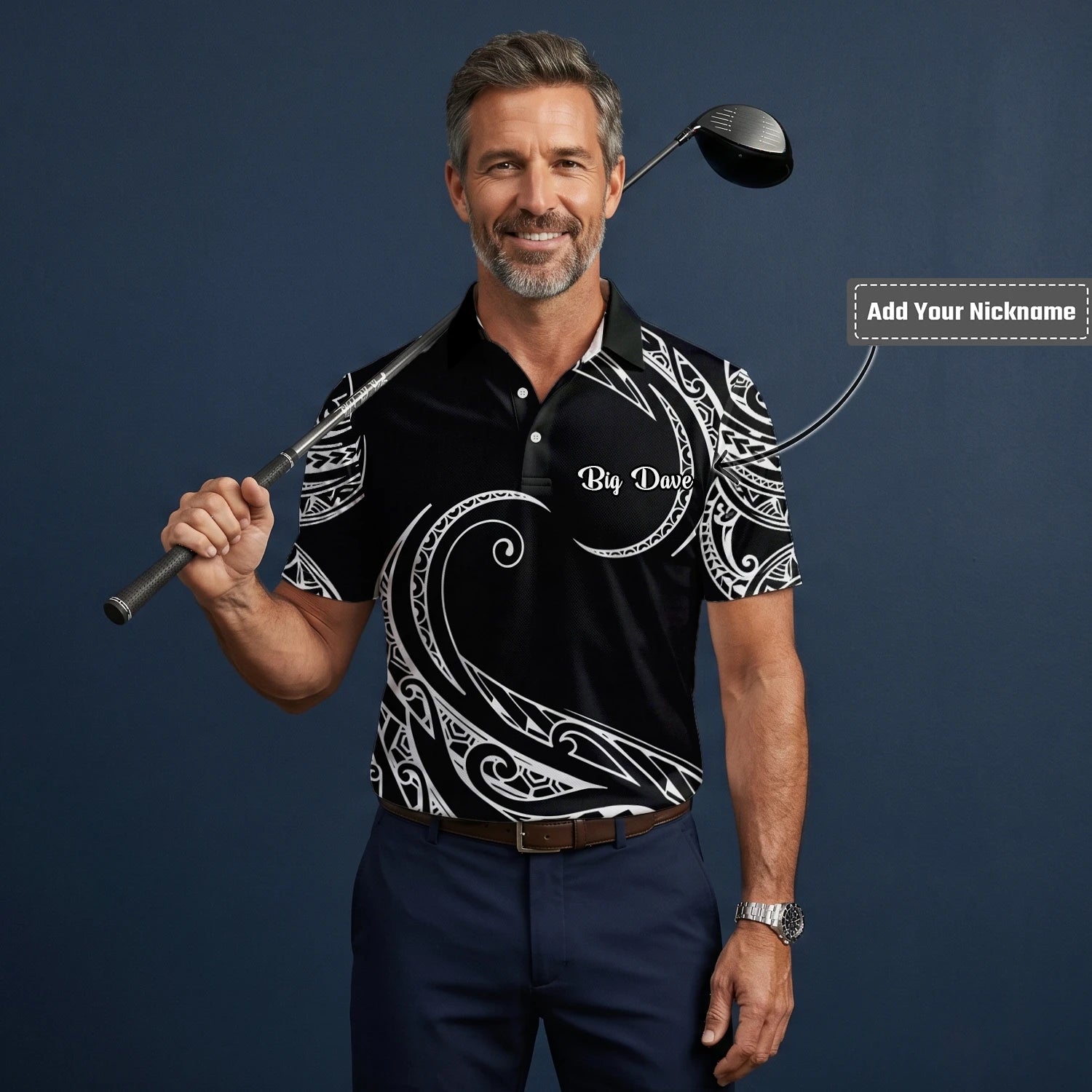 Personalised Black White Tribal Wave Golf Polo Shirt For Men R9560