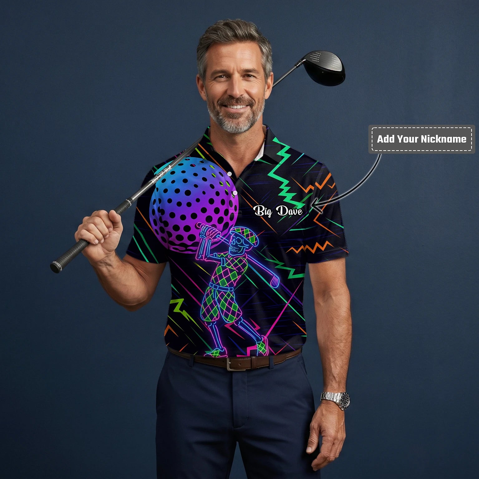 Personalised Black Neon Golfer Wireframe Golf Polo Shirt For Men L1481