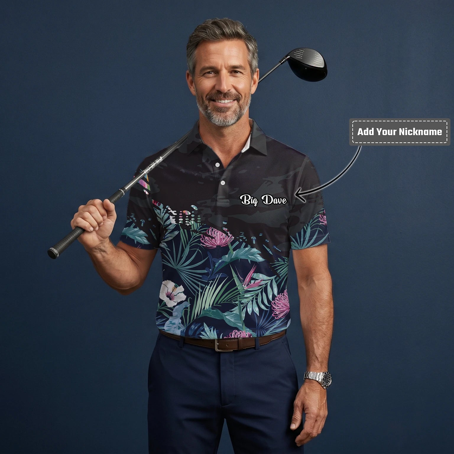 Personalised Navy Tropical Floral Leaf Golf Polo Shirt For Men N4110