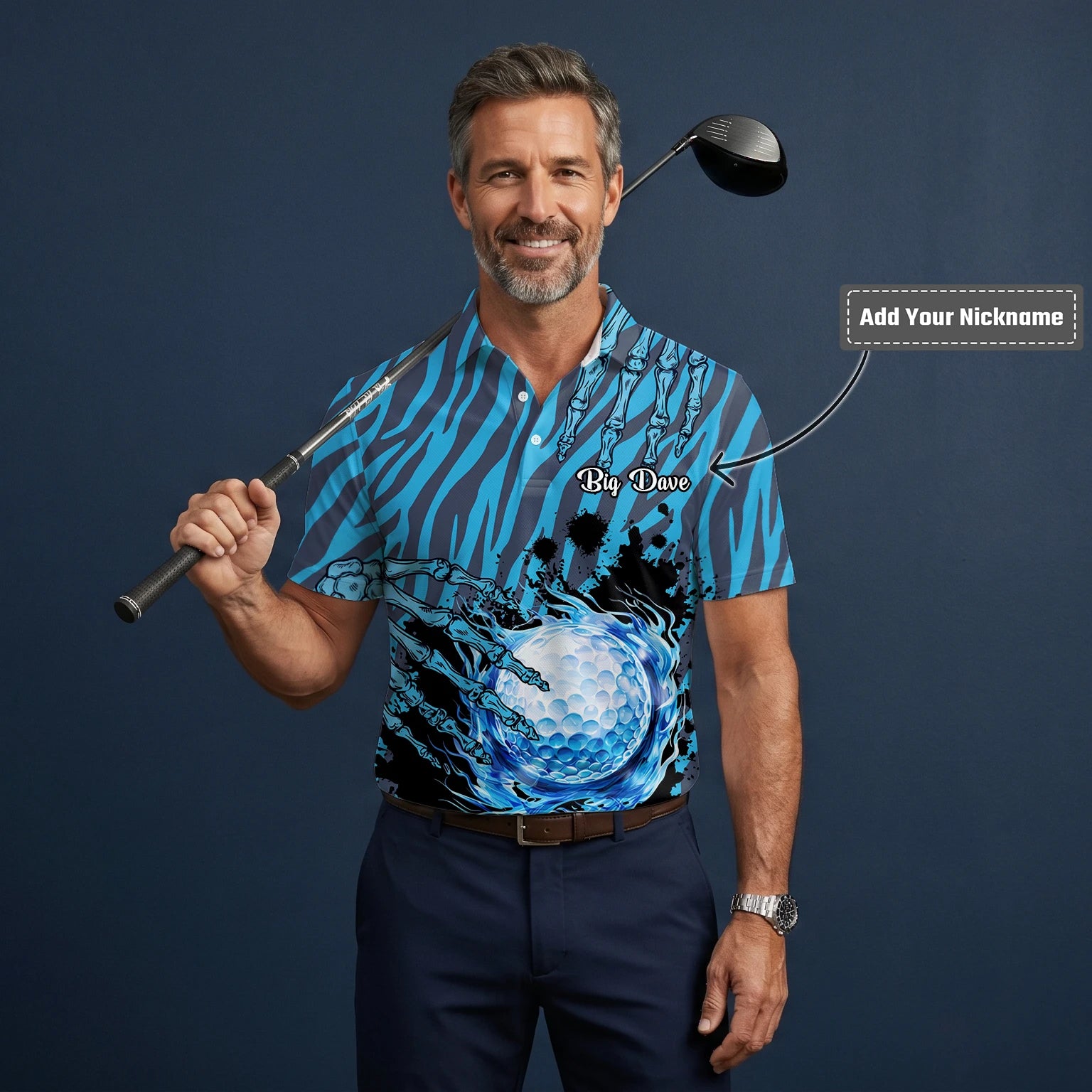 Personalised Blue Black Golf Ball Water Splash Golf Polo Shirt For Men B9791