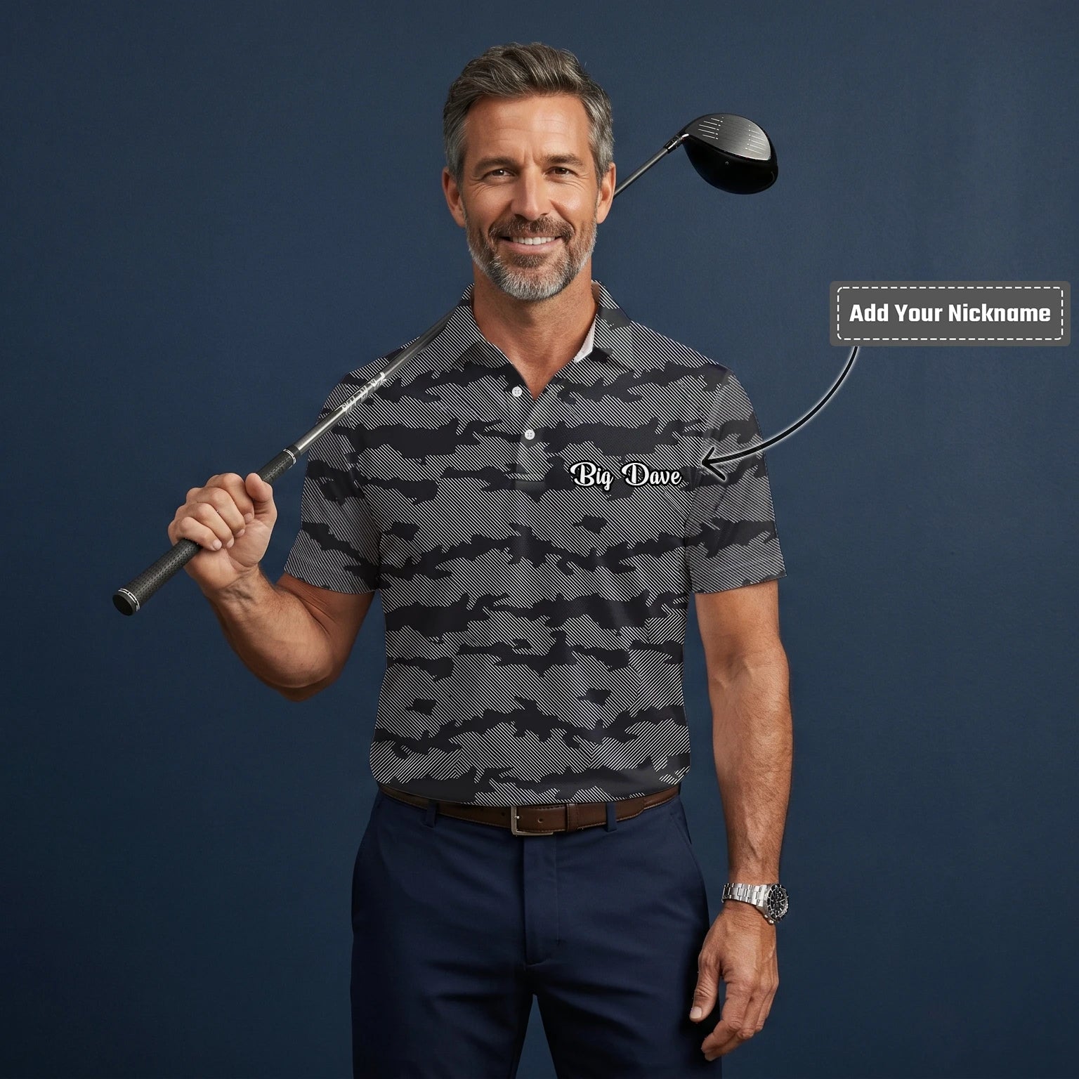 Personalised Grey Black Camo Golf Polo Shirt For Men R8701