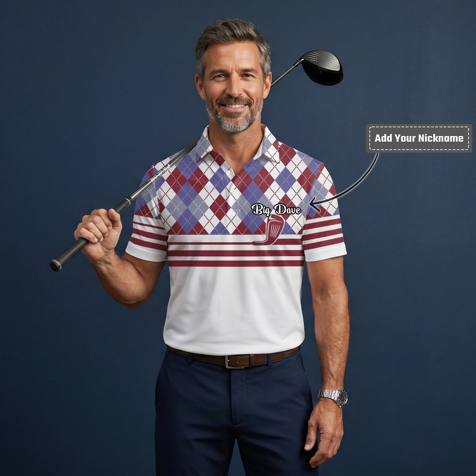 Personalised White Burgundy Argyle Golf Club Stripe Golf Polo Shirt For Men K9019