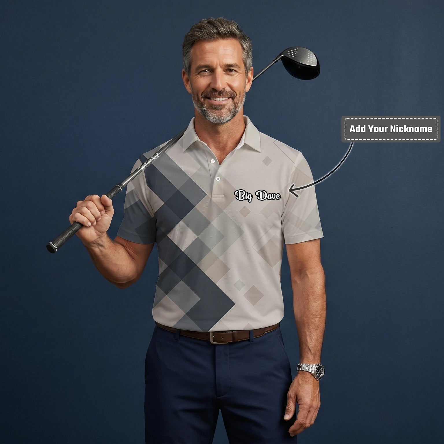 Personalised Beige Grey Argyle Golf Polo Shirt For Men Z6499