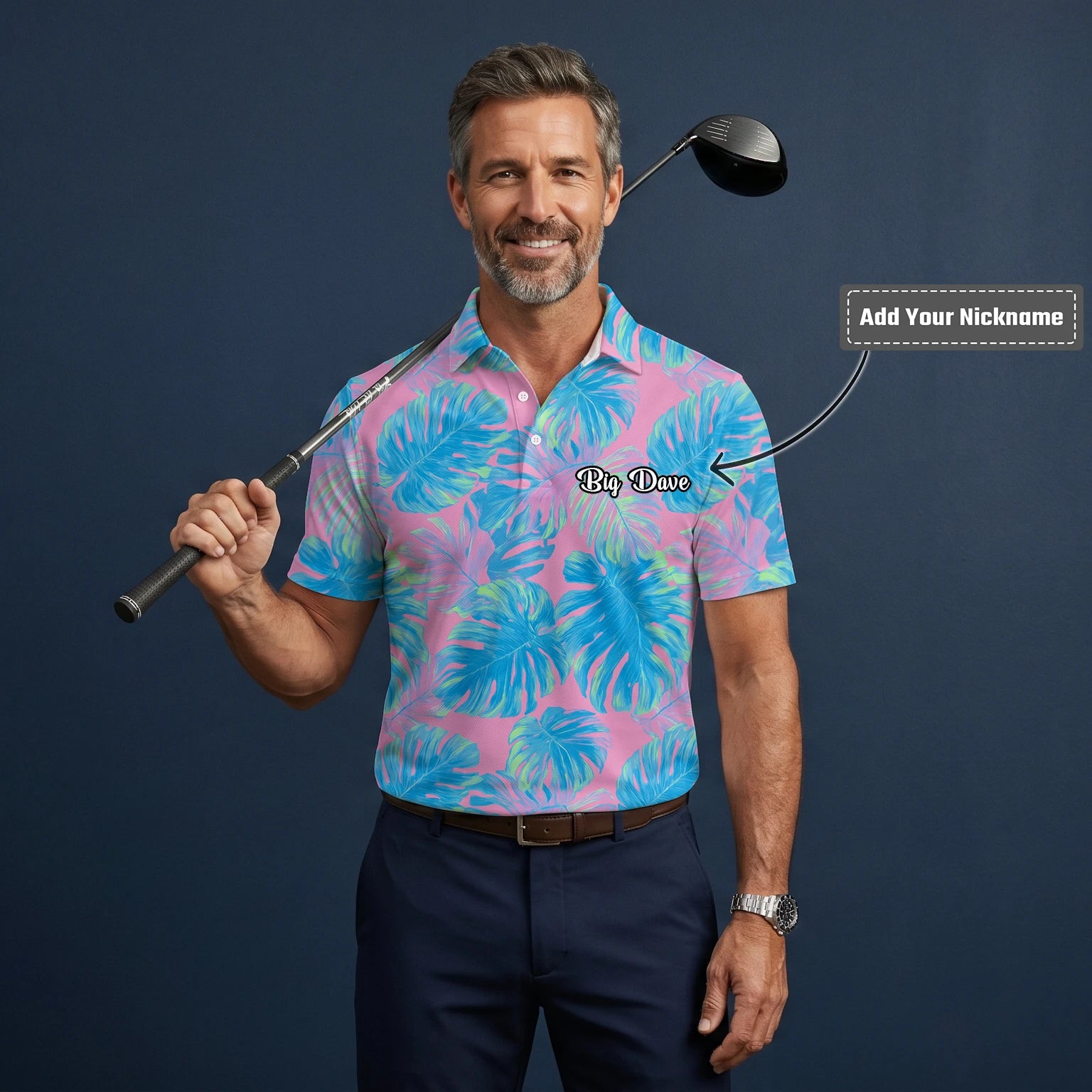 Personalised Pink Turquoise Tropical Monstera Leaf Golf Polo Shirt For Men C8385